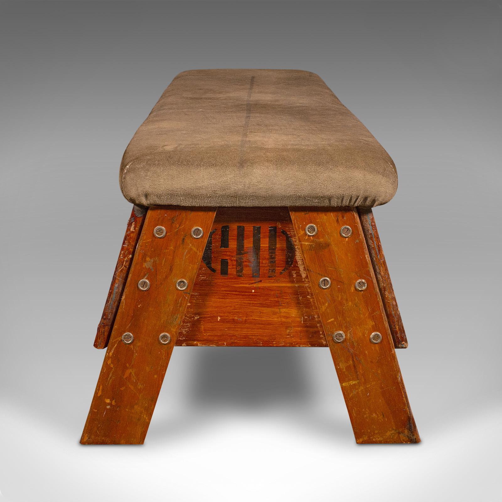 Mid-Century Modern Vintage Gymnasium Bench, English, Pine, Suede, Window Seat, Dining Room, C.1930 For Sale