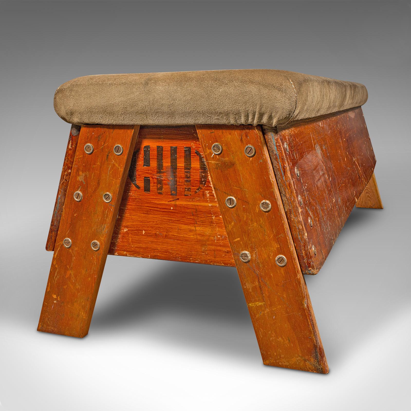Vintage Gymnasium Bench, English, Pine, Suede, Window Seat, Dining Room, C.1930 For Sale 1