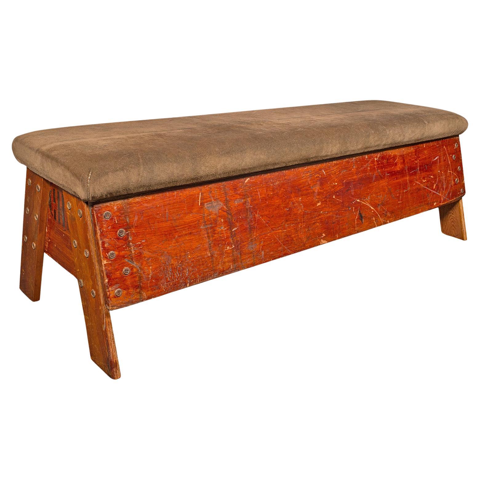 Vintage Gymnasium Bench, English, Pine, Suede, Window Seat, Dining Room, C.1930