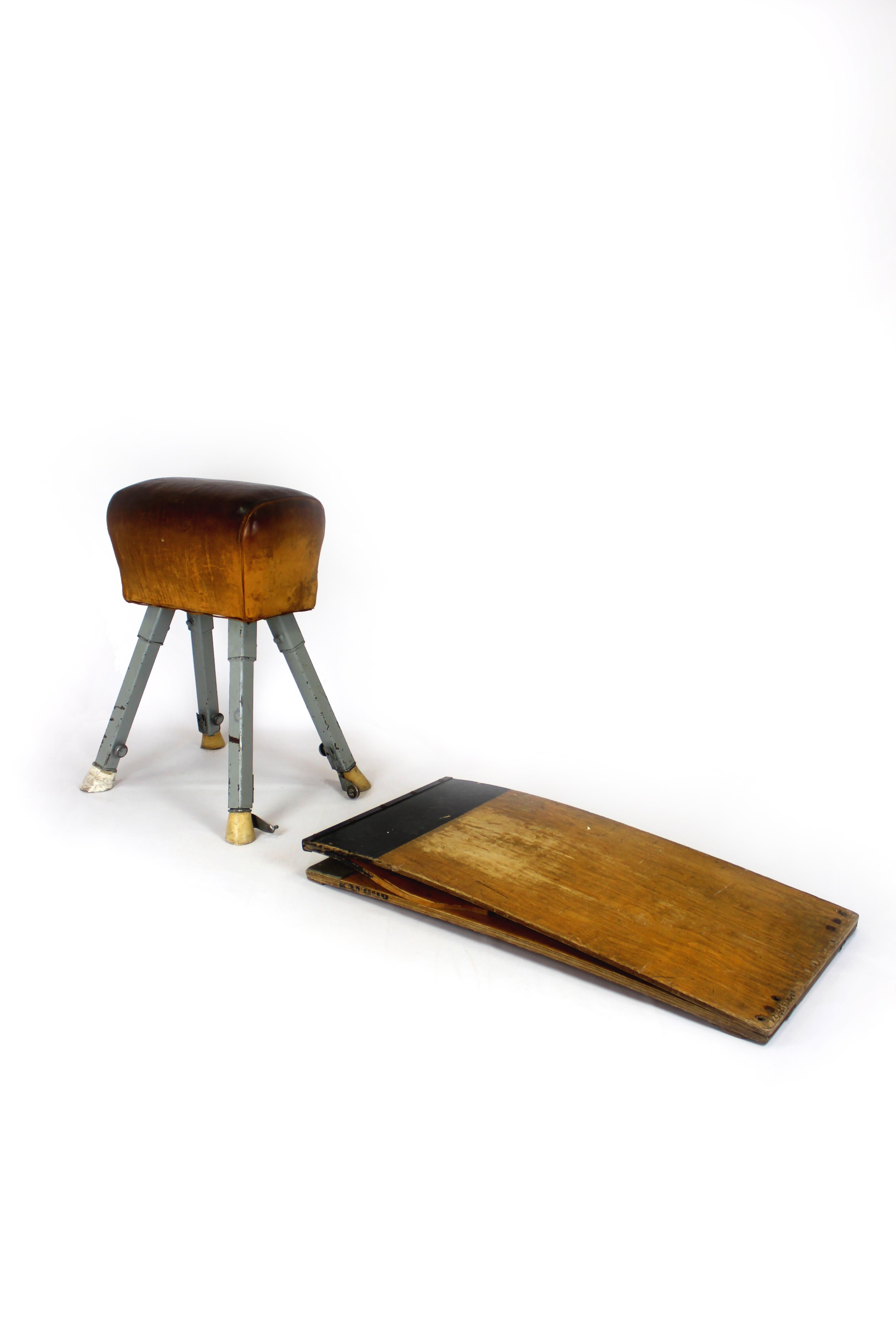 Vintage Gymnastic Horse in Leather with Springboard, 1960s, Set of 2 For Sale 4