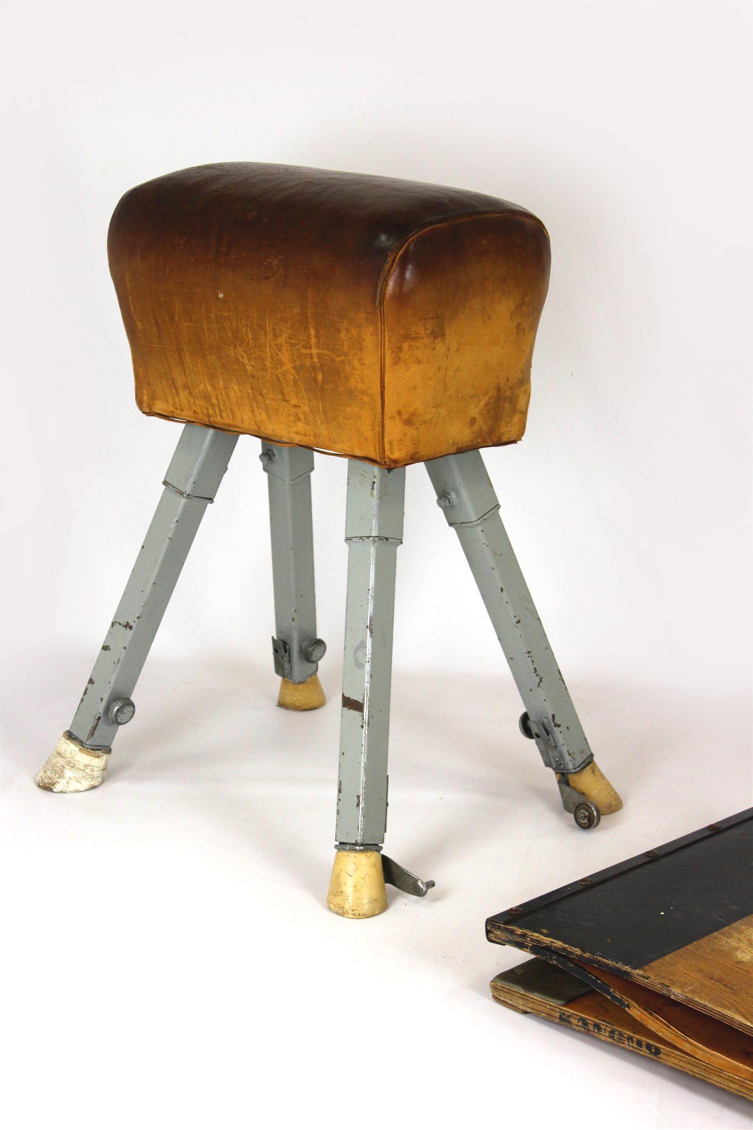 Vintage Gymnastic Horse in Leather with Springboard, 1960s, Set of 2 In Fair Condition For Sale In Żory, PL