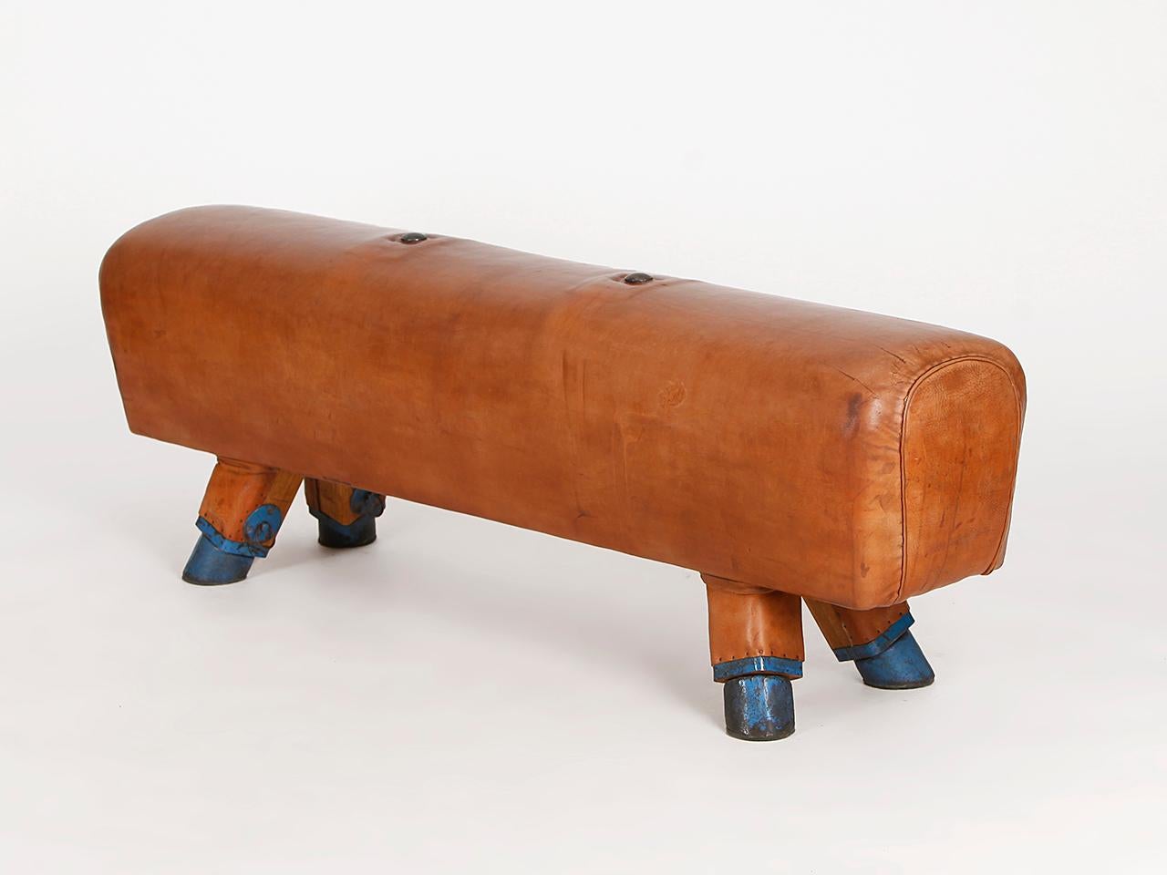 Pommel horse from former Czechoslovakia. The legs were cut to a height of 52cm. 
The thick leather has been cleaned and the patina was retained. Very good vintage condition.