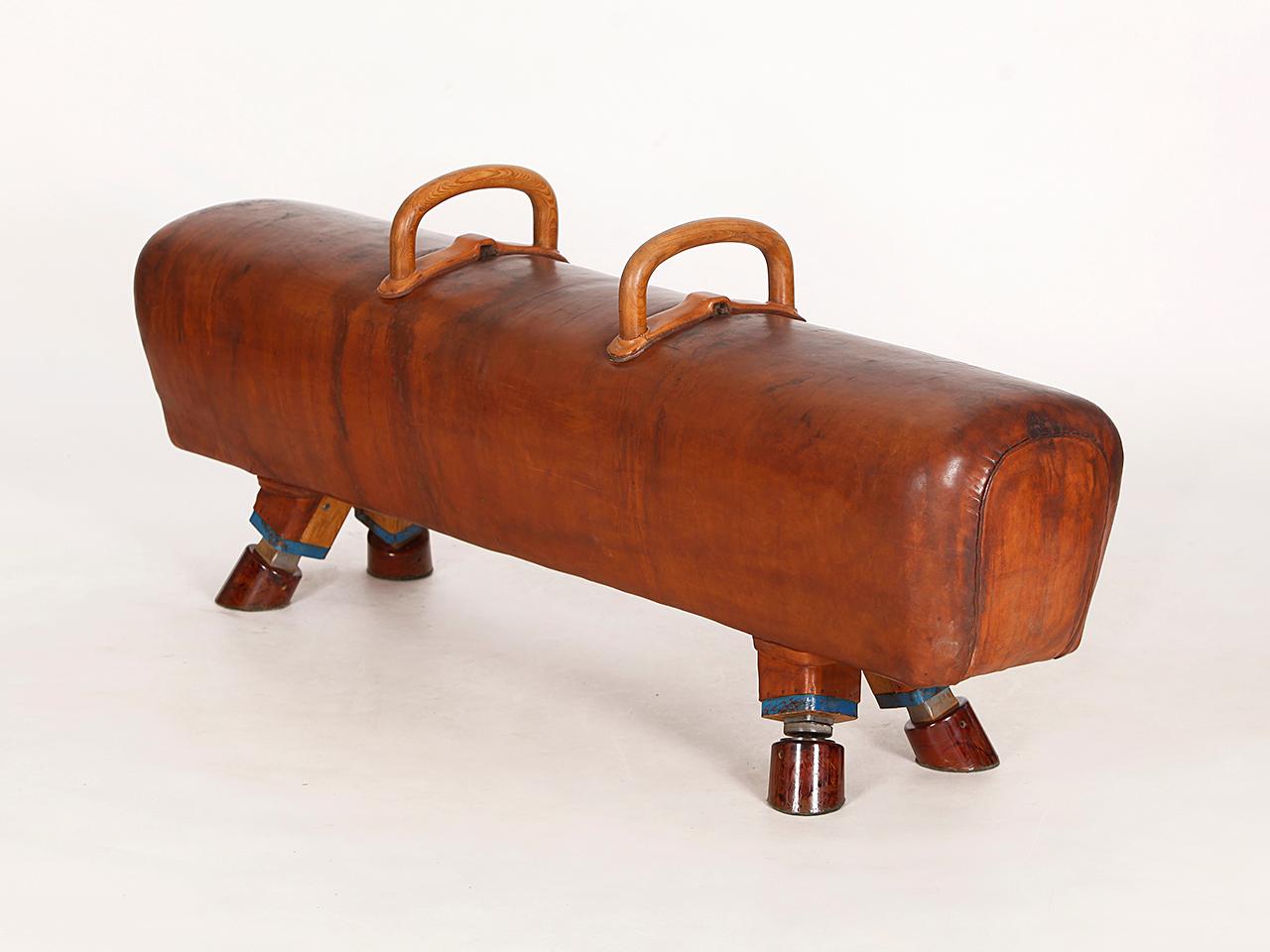 Industrial Vintage Gymnastic Leather Pommel Horse Bench, 1930s, Restored