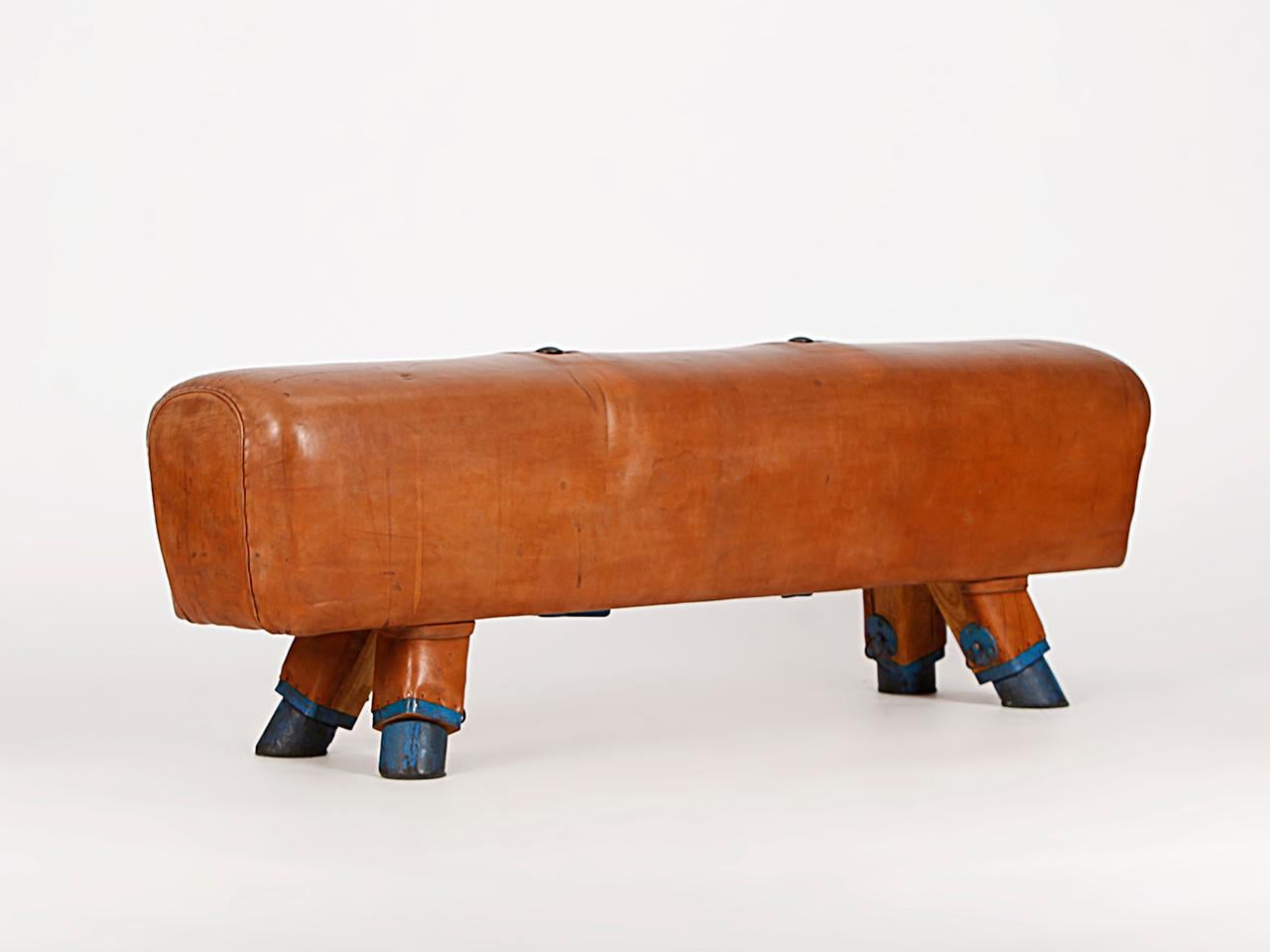 Czech Vintage Gymnastic Leather Pommel Horse Bench, 1930s, Restored