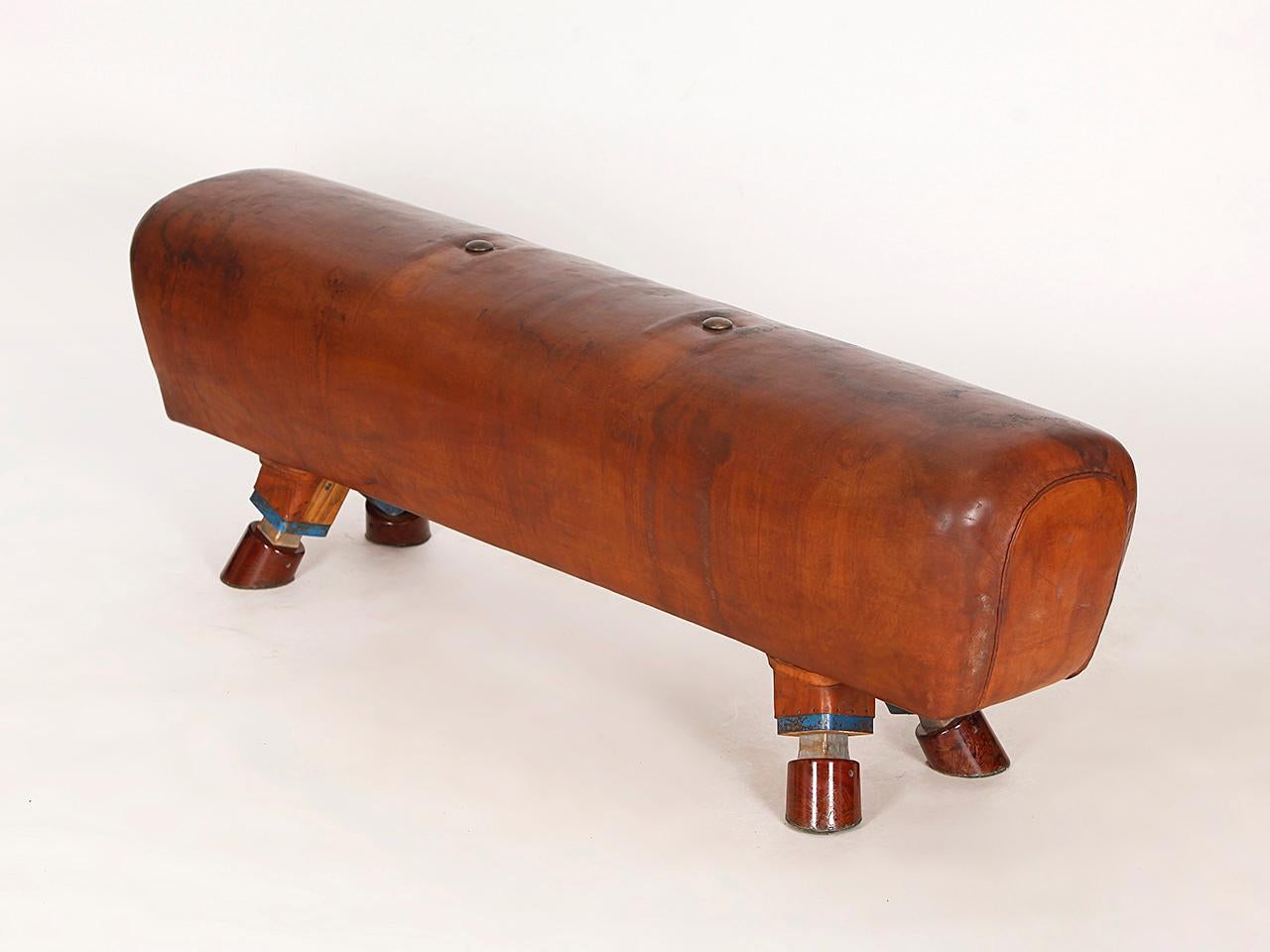 Czech Vintage Gymnastic Leather Pommel Horse Bench, 1930s, Restored