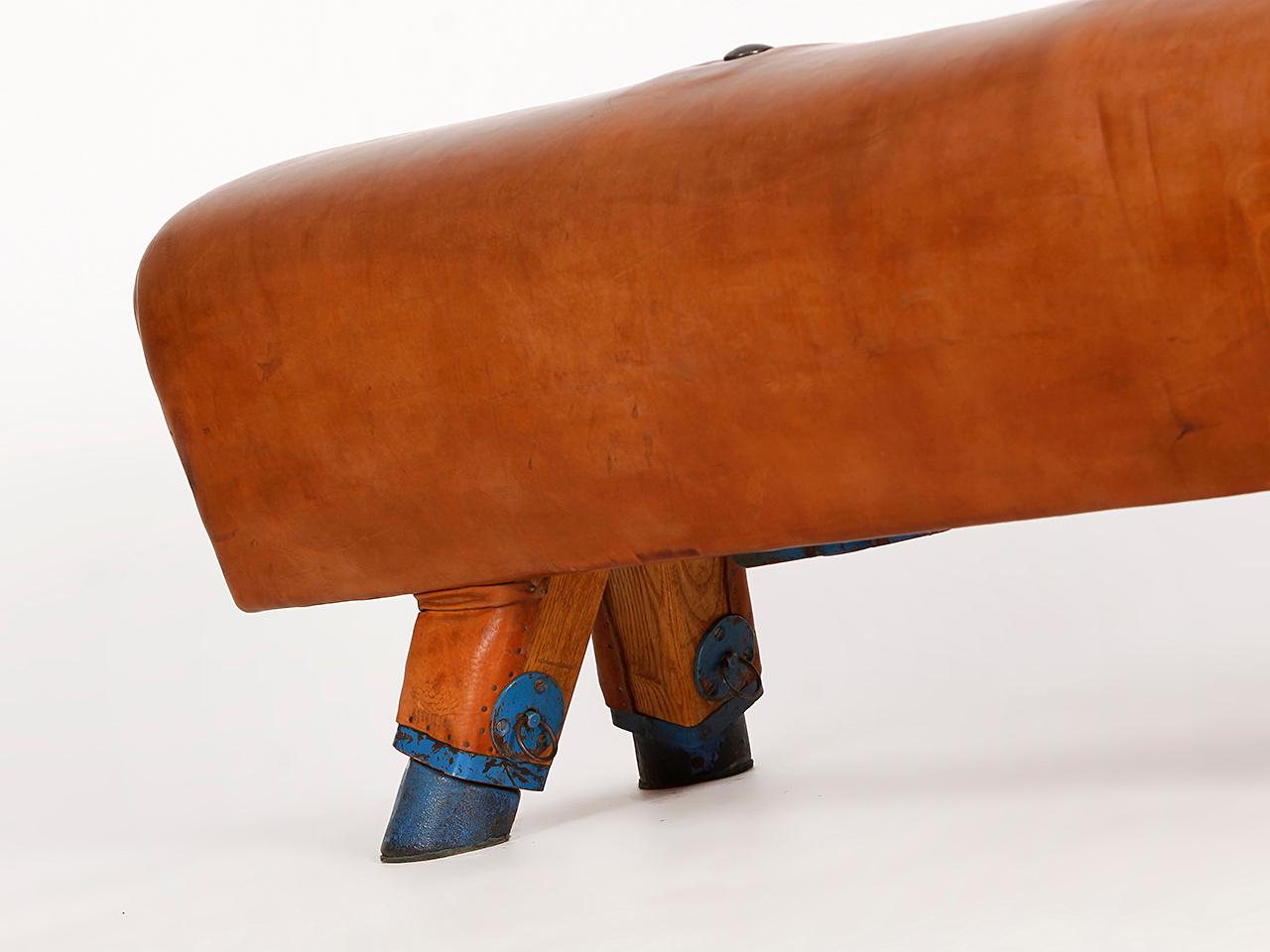 20th Century Vintage Gymnastic Leather Pommel Horse Bench, 1930s, Restored