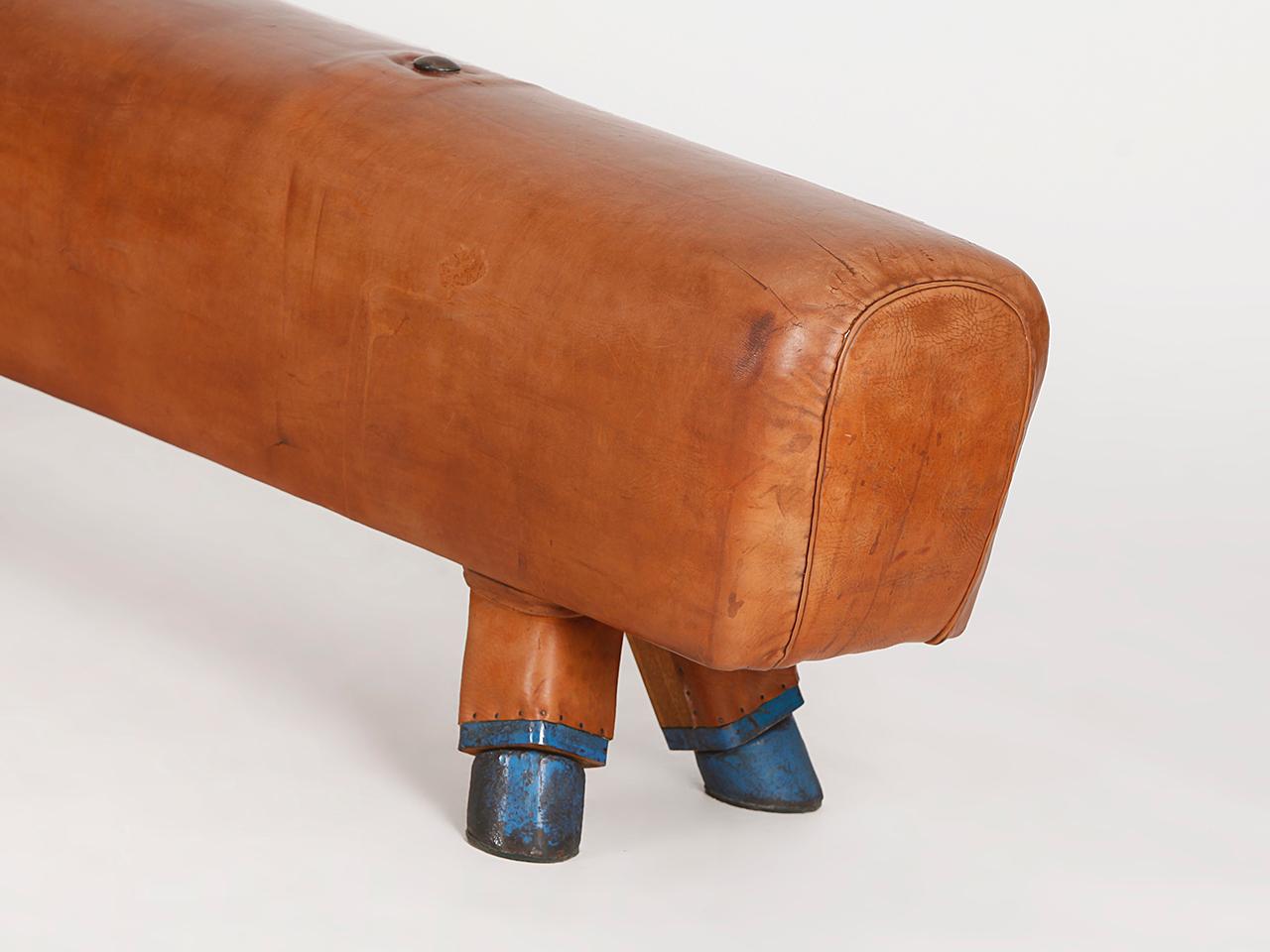 Vintage Gymnastic Leather Pommel Horse Bench, 1930s, Restored 1