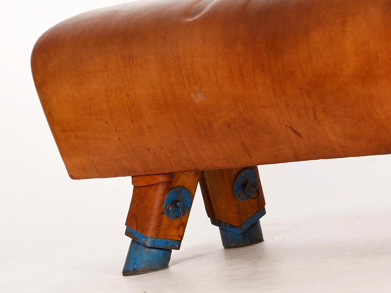 Vintage Gymnastic Leather Pommel Horse Bench, 1930s, Restored 1