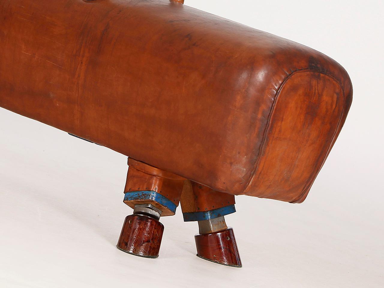 Vintage Gymnastic Leather Pommel Horse Bench, 1930s, Restored 2