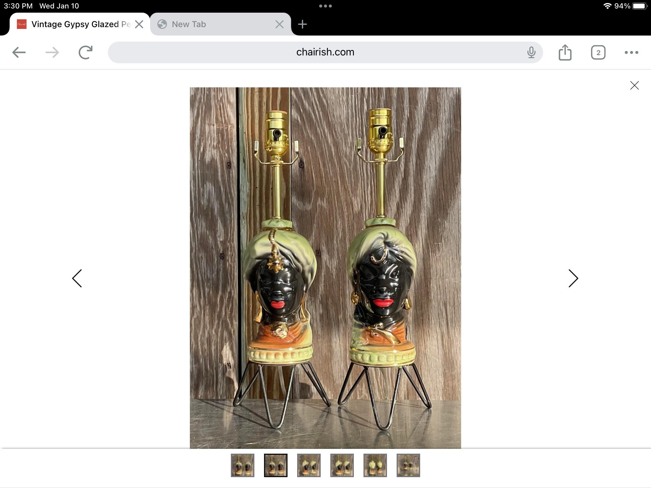 Gorgeous vintage pair of Gypsy bust lamps with elegant red lipstick and intricate sage green turban with gold detailing. Both lamps are adhered to three legged metal clothing pin style legs. Acquired from a Palm Beach estate.