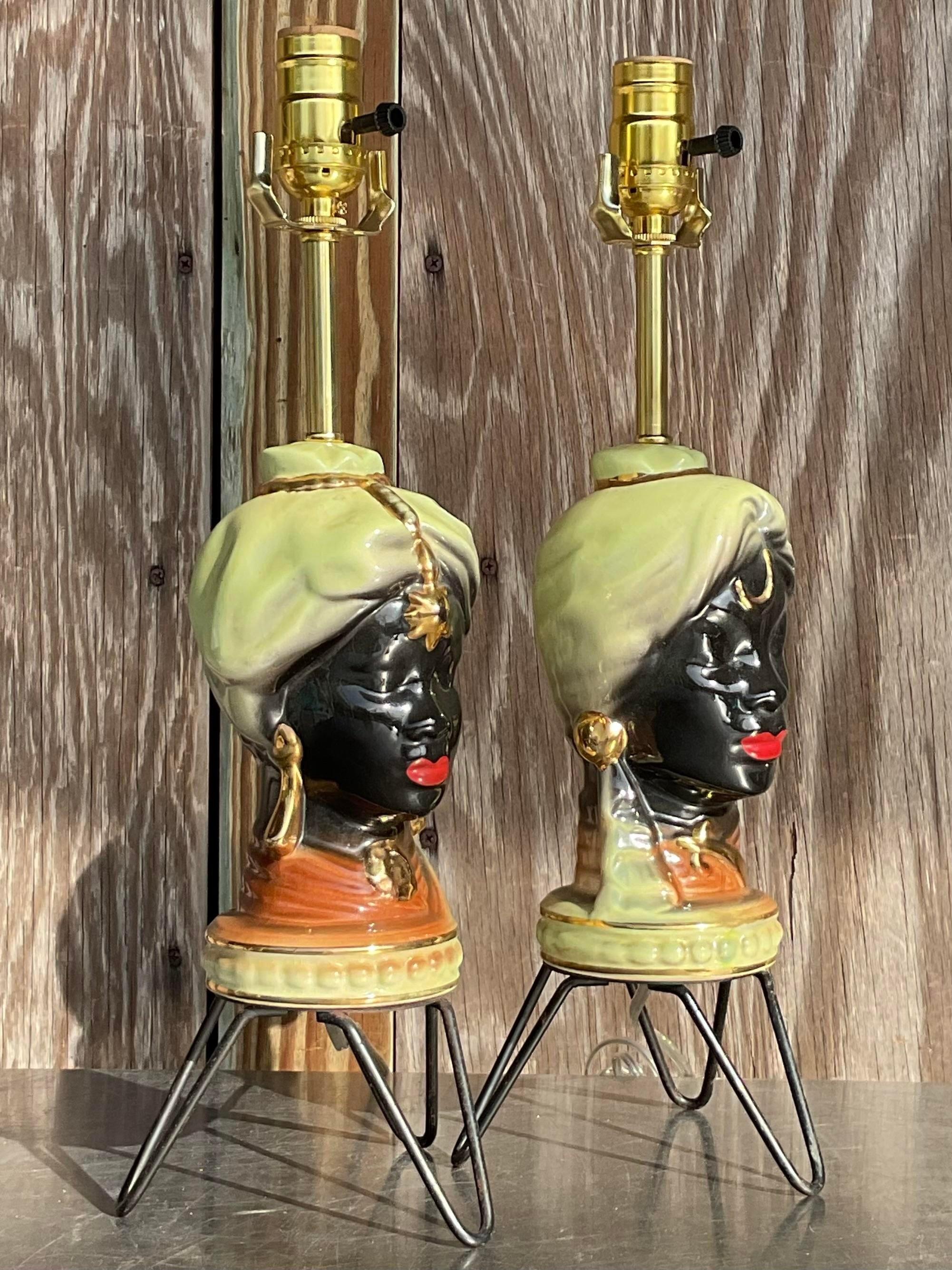 Hollywood Regency Vintage Gypsy Glazed Period Bust Lamp - a Pair