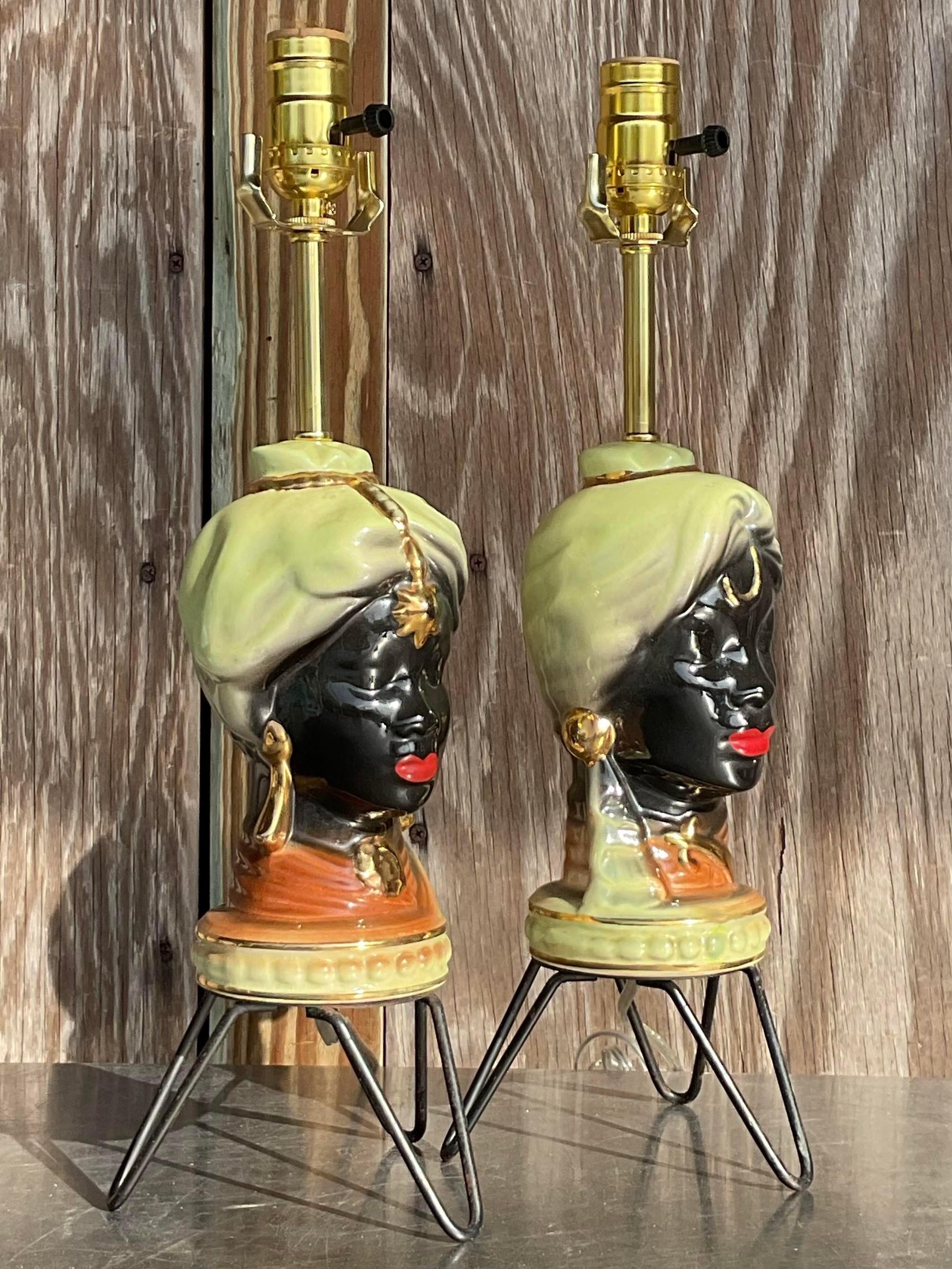 Vintage Gypsy Glazed Period Bust Lamp - a Pair In Good Condition In west palm beach, FL
