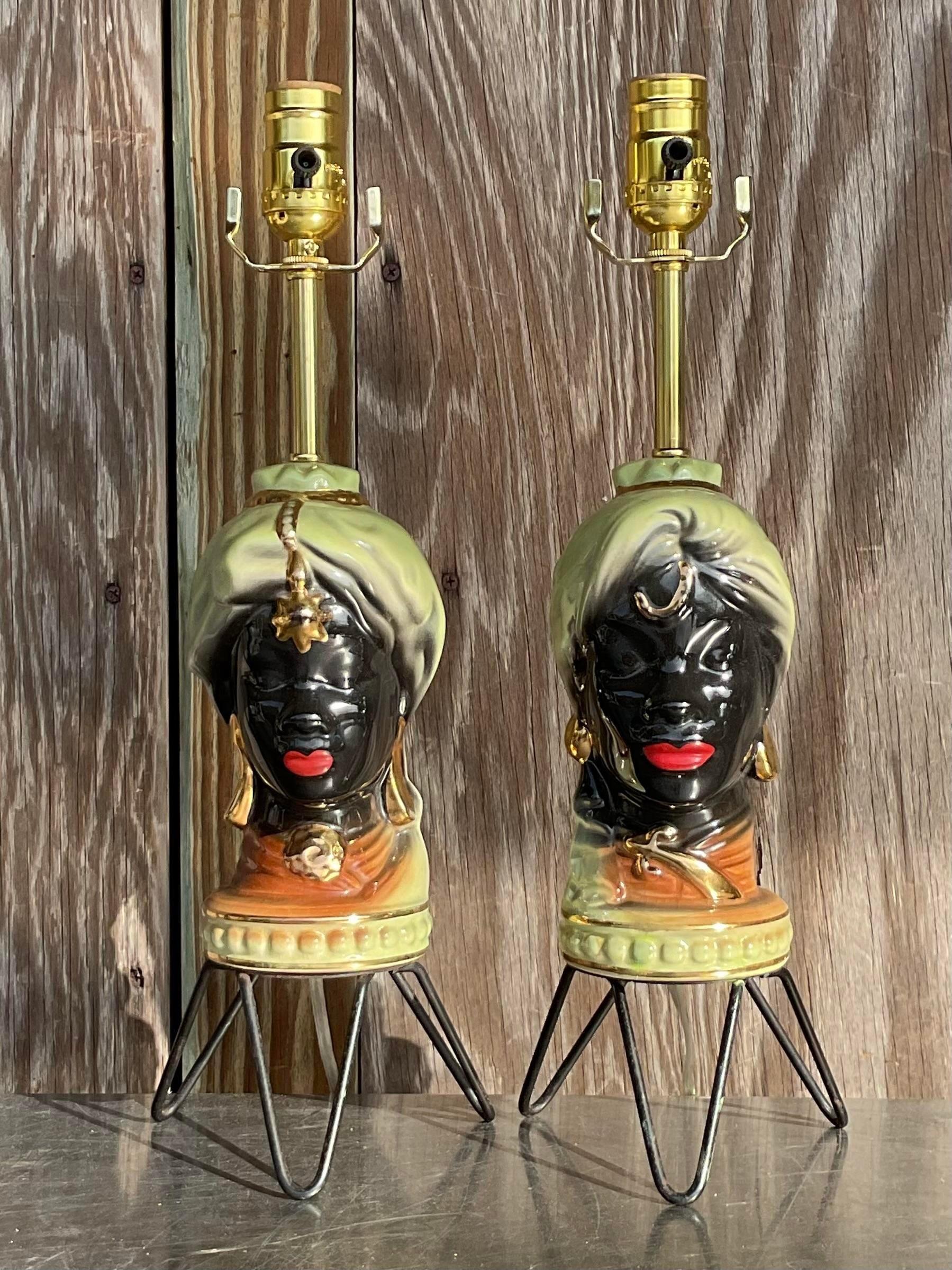 20th Century Vintage Gypsy Glazed Period Bust Lamp - a Pair