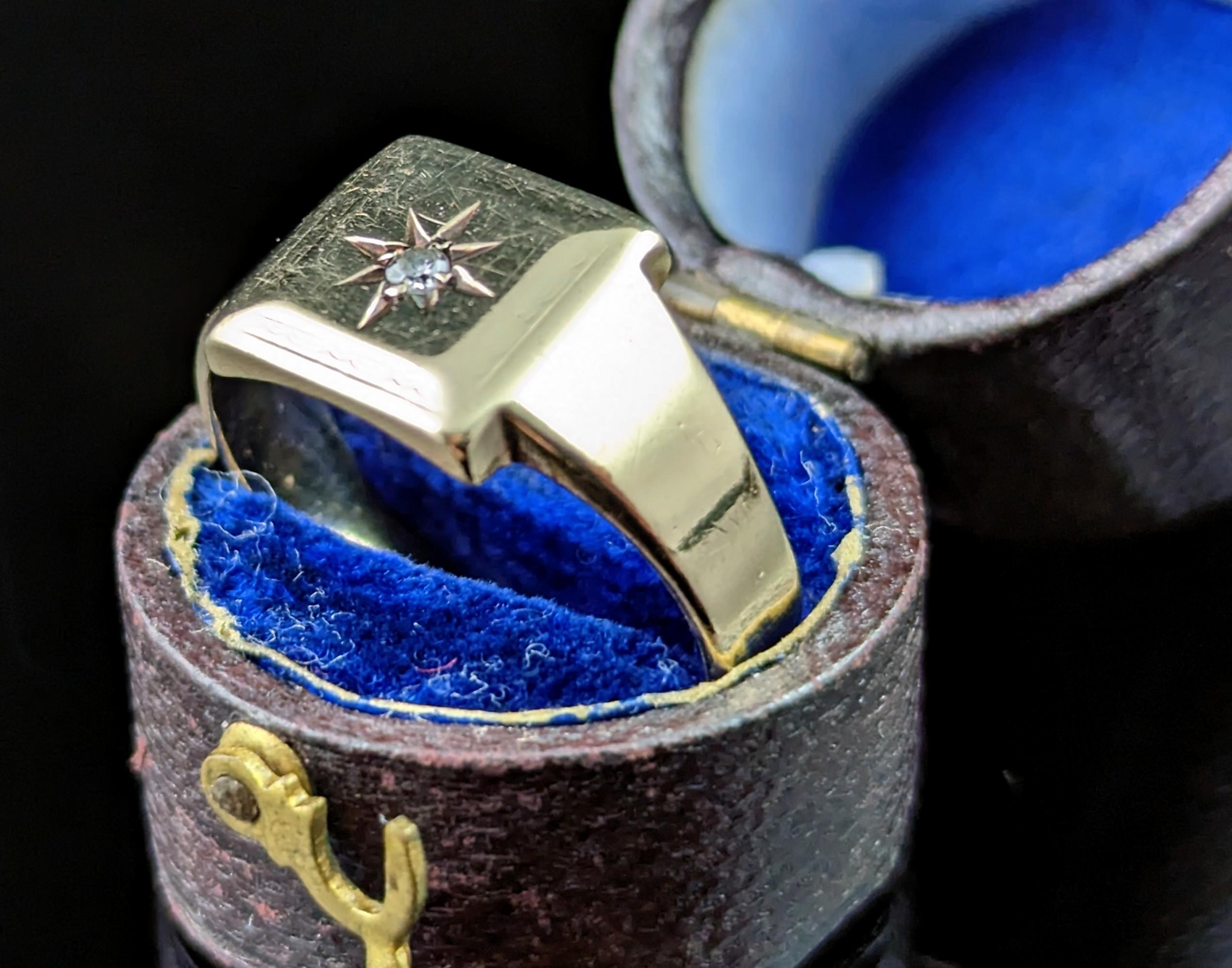 Old European Cut Vintage star Set Diamond Signet Ring, 9k Yellow Gold For Sale