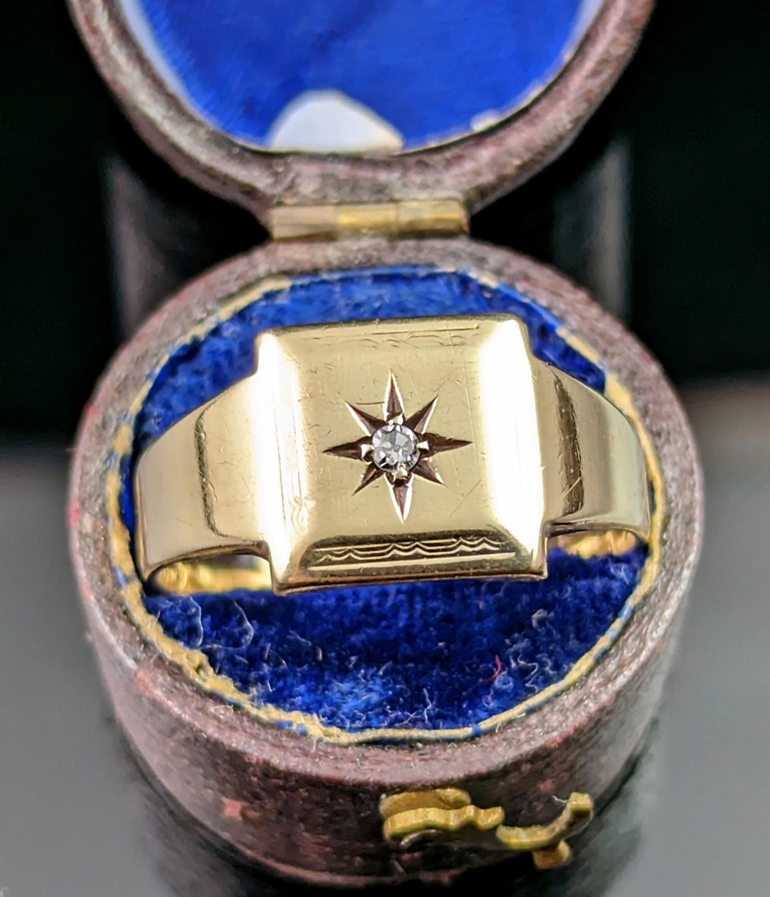 Women's or Men's Vintage star Set Diamond Signet Ring, 9k Yellow Gold