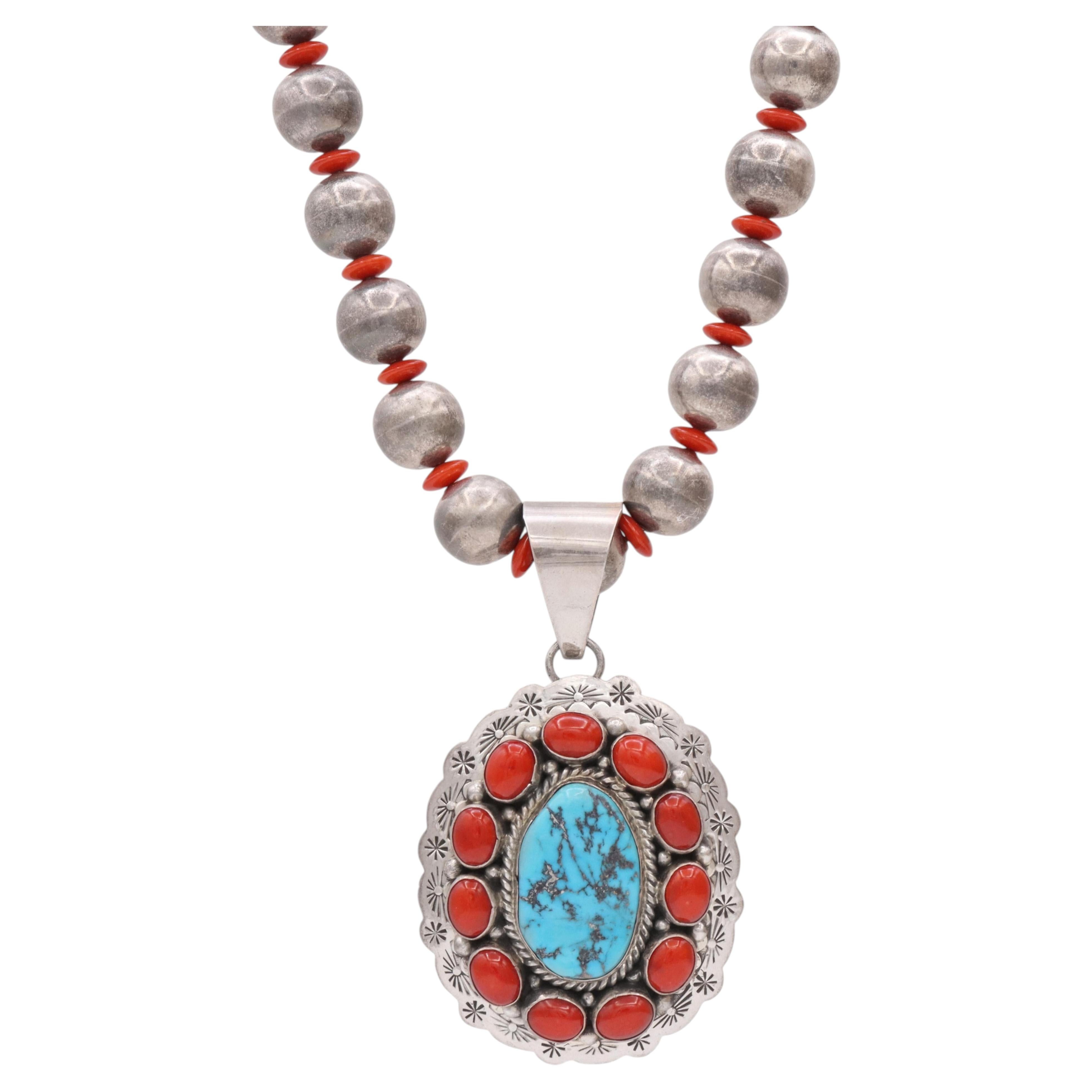 Vintage H. Begay Navajo Sterling Silver Turquoise and Coral Pendant Necklace