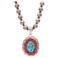 Collana vintage H. Begay Navajo con ciondolo in argento sterling, turchese e corallo