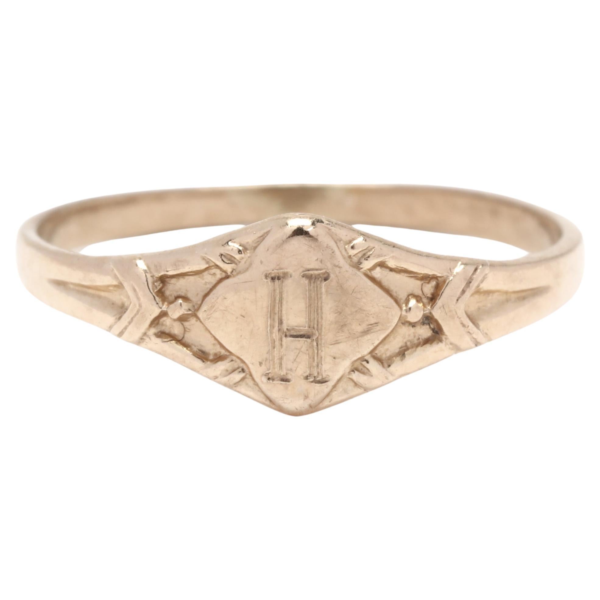 Vintage H Initial Baby Signet Ring, 10K Yellow Gold, Ring Size 2, H Initial Midi