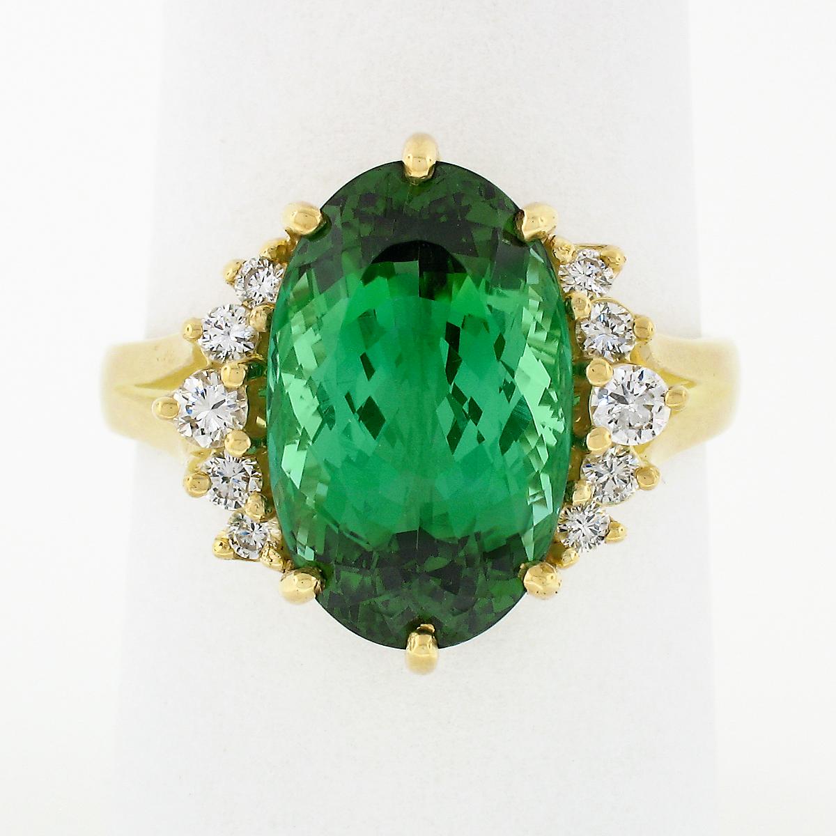 Oval Cut Vintage H. Stern 18k Gold 6.38ctw Green Tourmaline Solitaire Diamond Accent Ring