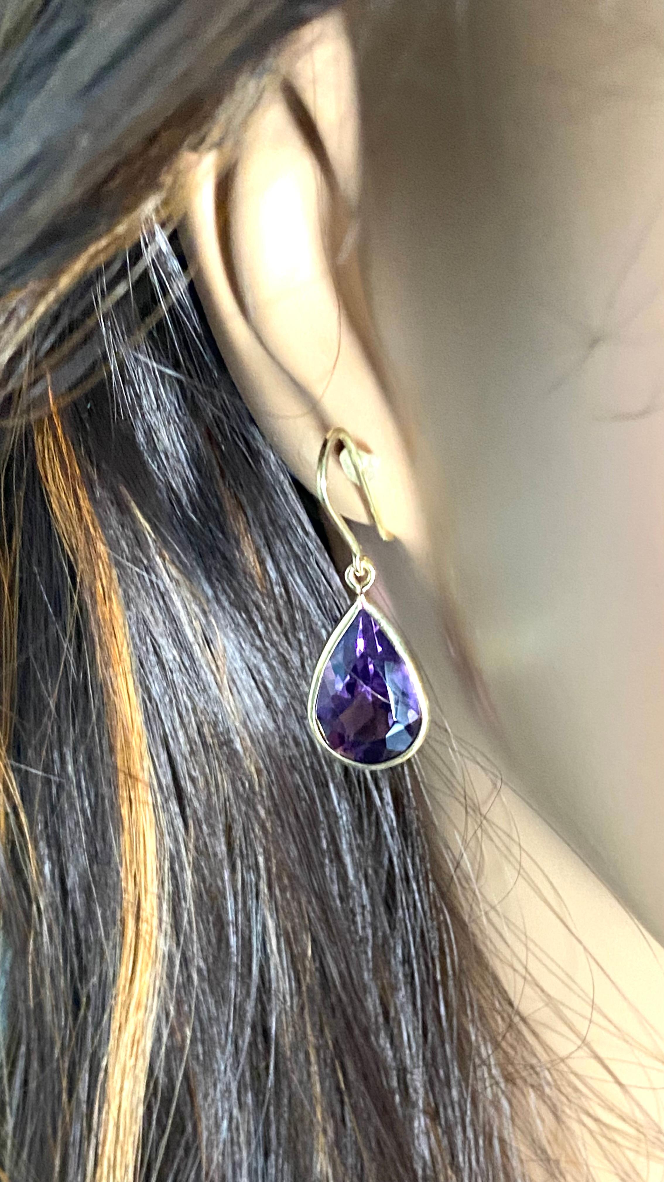 Vintage H. Stern 18k Gold Bezel Amethyst Drop Hoop Earrings 1.5 Inch Long 2