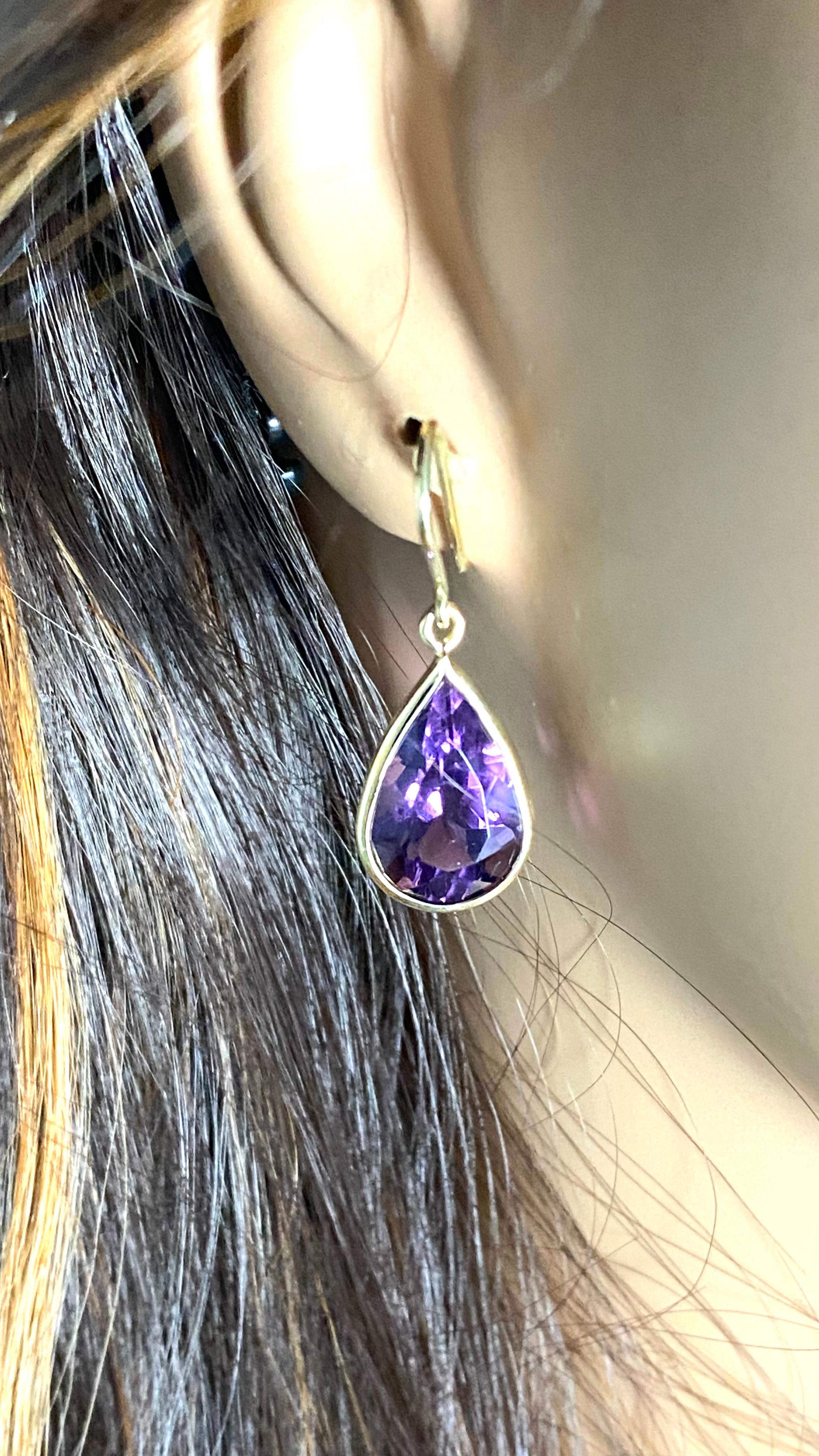 Contemporary Vintage H. Stern 18k Gold Bezel Amethyst Drop Hoop Earrings 1.5 Inch Long