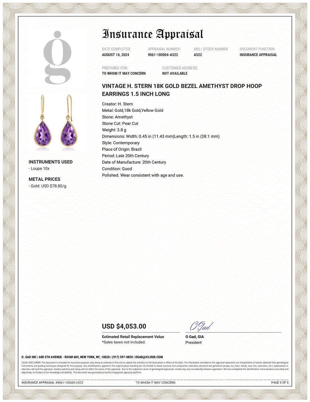 Elevate your jewelry collection with these exquisite H. Stern 18k Gold Bezel Amethyst Drop Hoop Earrings. Crafted with precision and elegance, these earrings feature pear-shaped amethyst gemstones that exude sophistication and timeless beauty.
Key