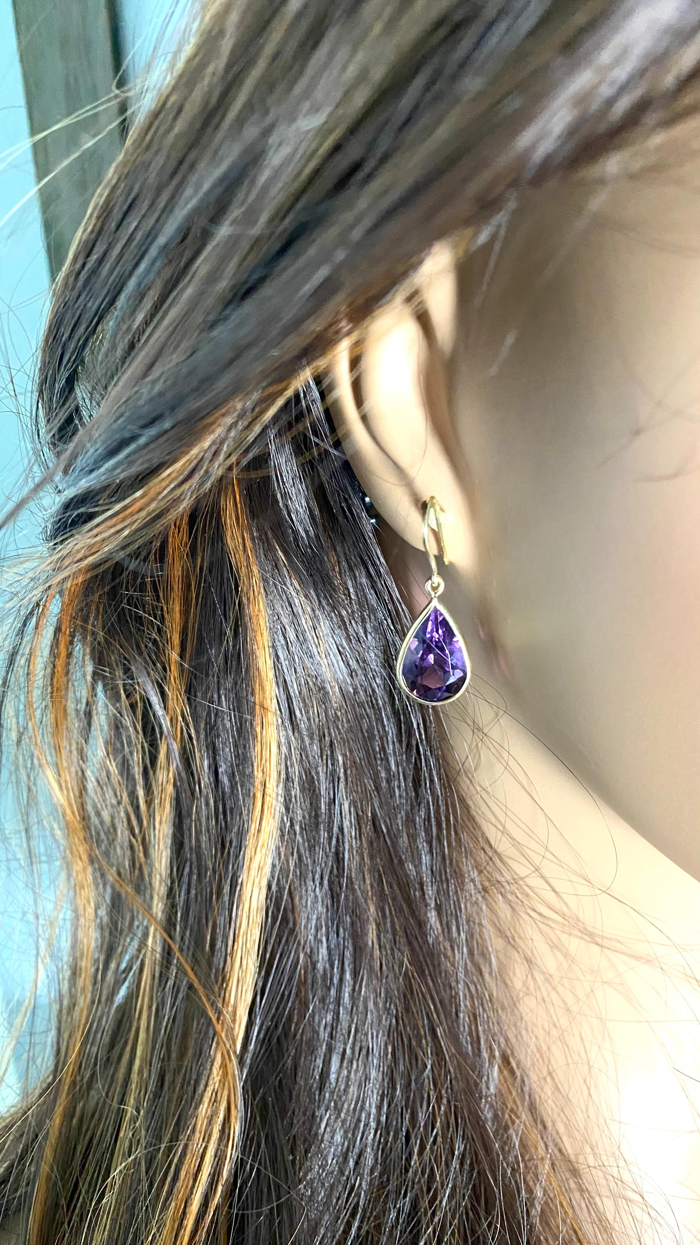 Pear Cut Vintage H. Stern 18k Gold Bezel Amethyst Drop Hoop Earrings 1.5 Inch Long