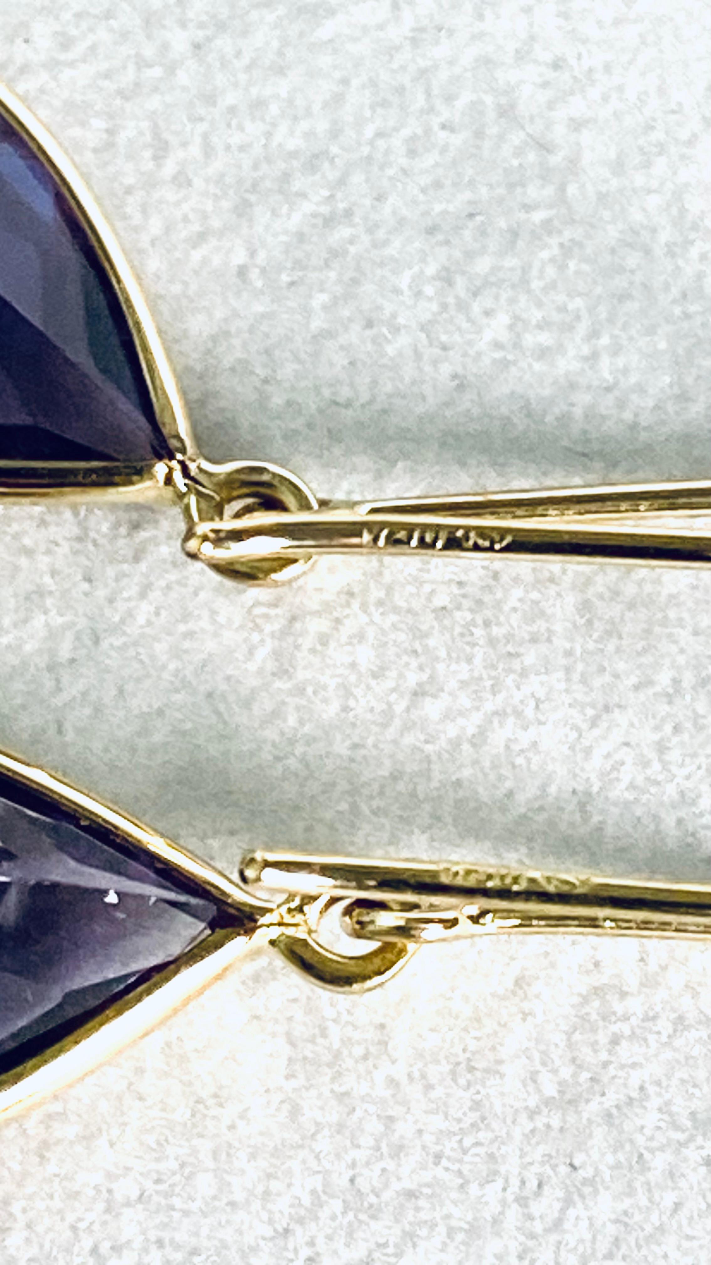 Vintage H. Stern 18k Gold Bezel Amethyst Drop Hoop Earrings 1.5 Inch Long In Good Condition In New York, NY