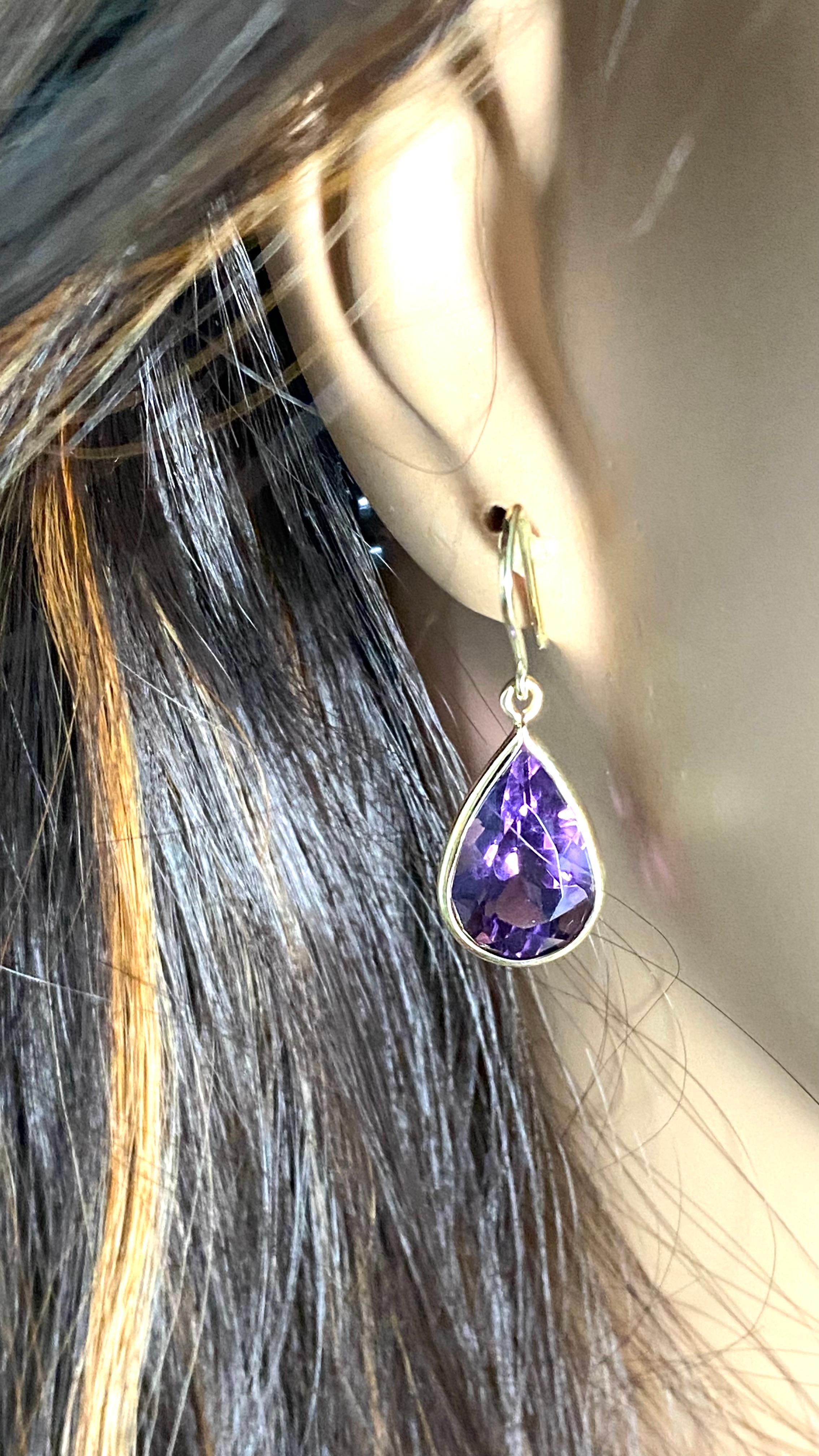 Women's Vintage H. Stern 18k Gold Bezel Amethyst Drop Hoop Earrings 1.5 Inch Long