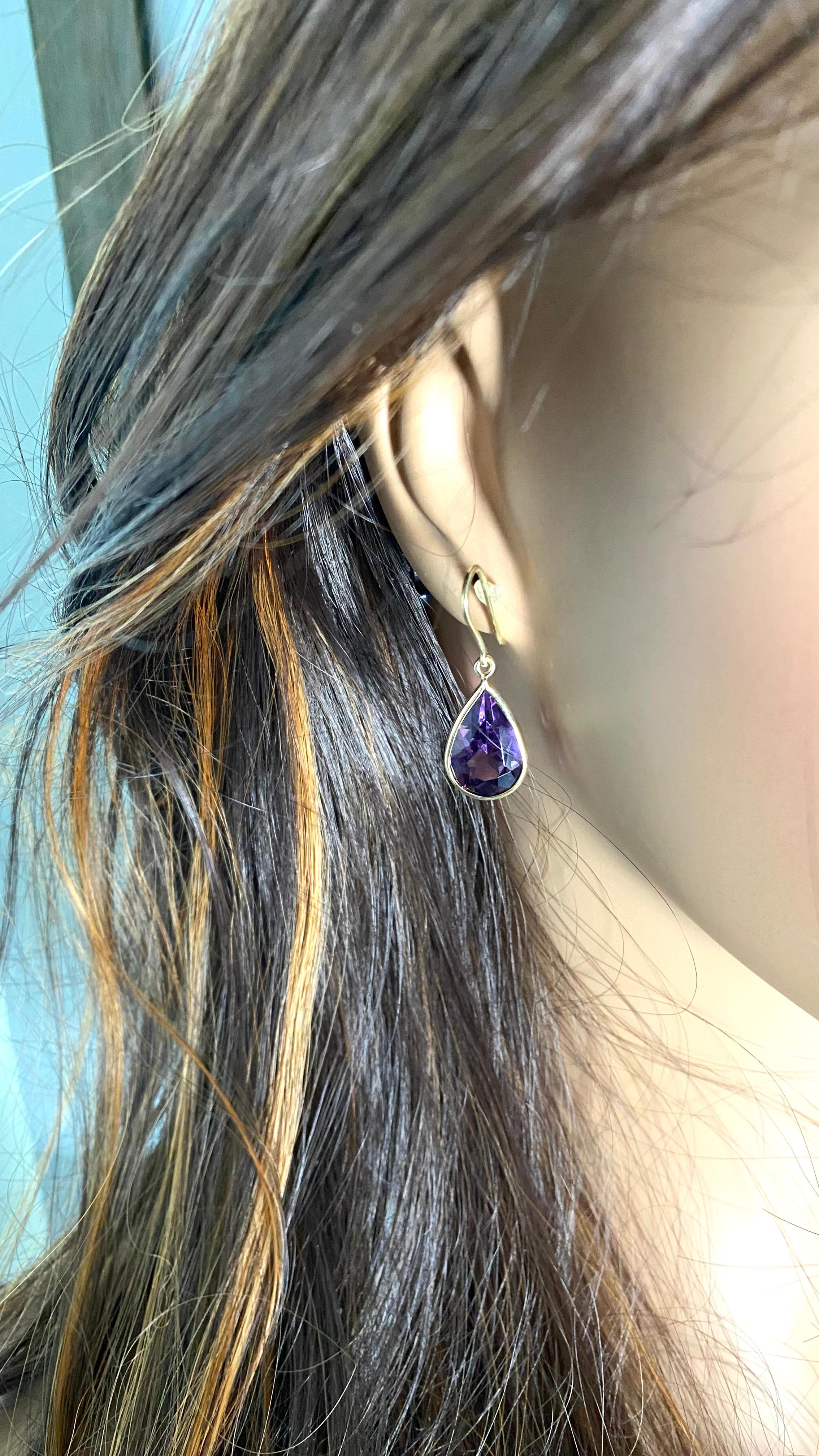 Vintage H. Stern 18k Gold Bezel Amethyst Drop Hoop Earrings 1.5 Inch Long 1