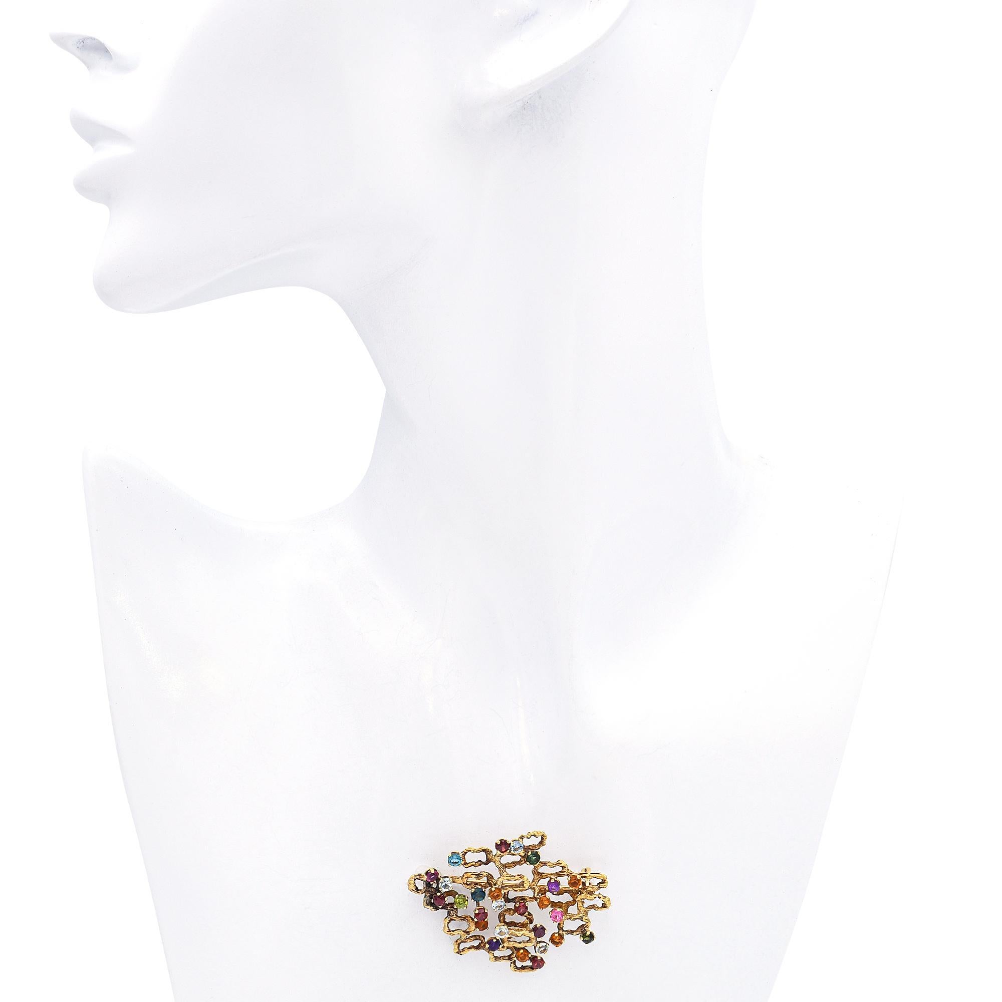 Round Cut Vintage H. Stern 18k Yellow Gold 3.0tcw Multi-Gemstone Vine Brooch Pin