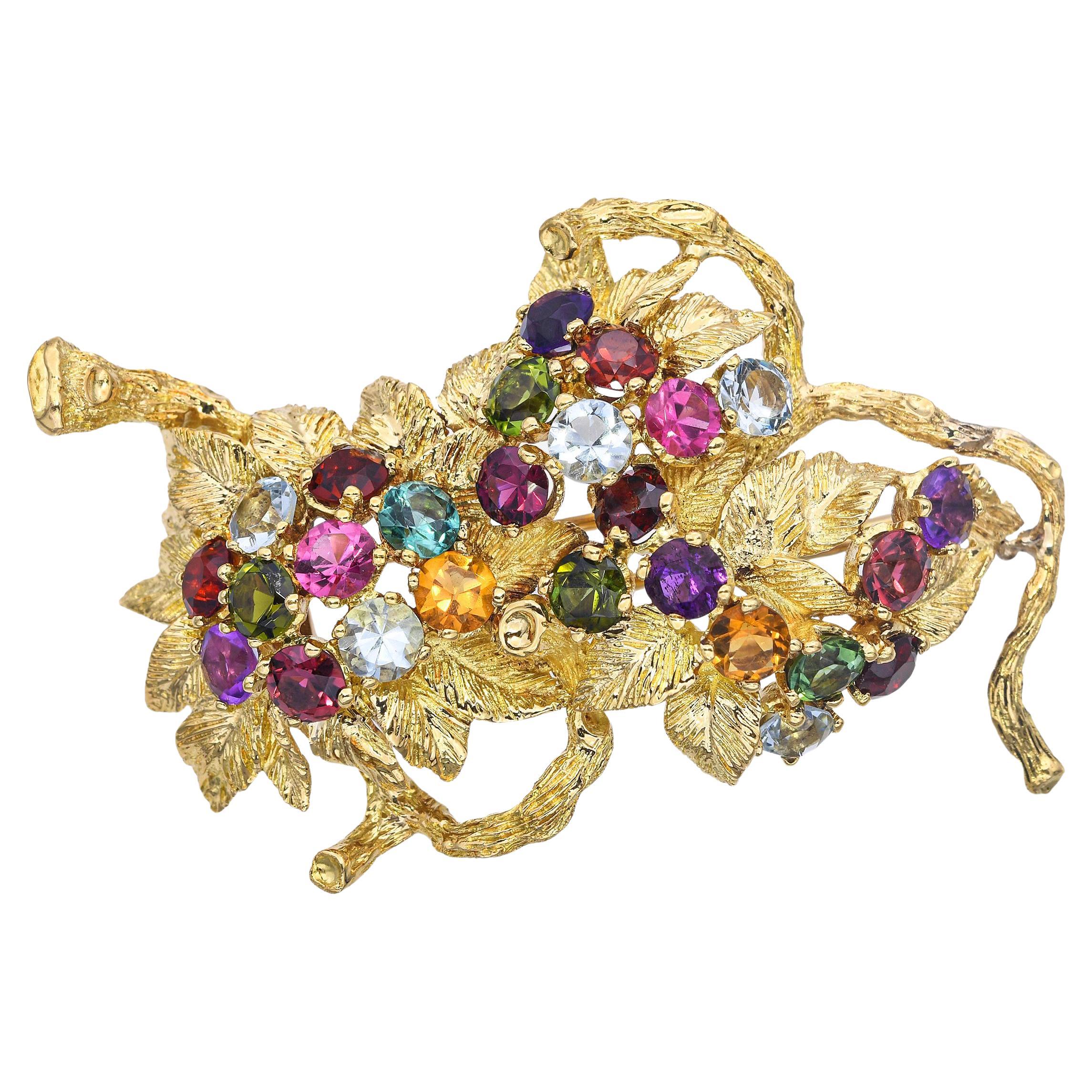 Vintage H Stern 18k Yellow Gold and Mixed Gemstone Foliage Brooch