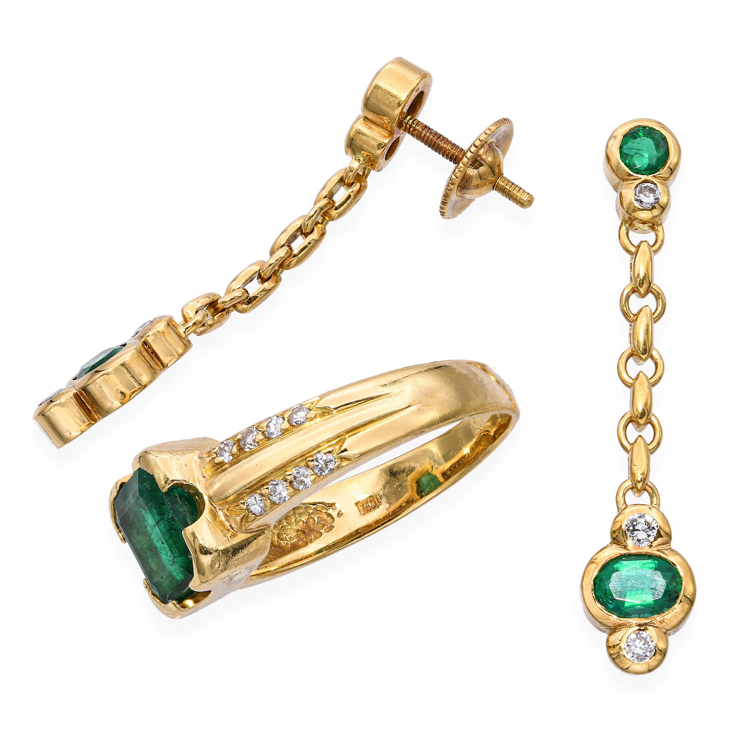 Vintage H. Stern 18k Gelbgold 2,28tcw Smaragd und 0,27tcw Diamant-Schmuck-Set, mit einem fein abgestimmten Paar Ohrringe und einen koordinierenden Ring. Jedes Stück zeigt leuchtend grüne Smaragde mit einem Gesamtgewicht von 2,28 Karat, die von
