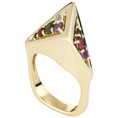 Vintage H Stern 1980s Rainbow Gemstone Ring 18 Karat Gold Geometric Jewelry