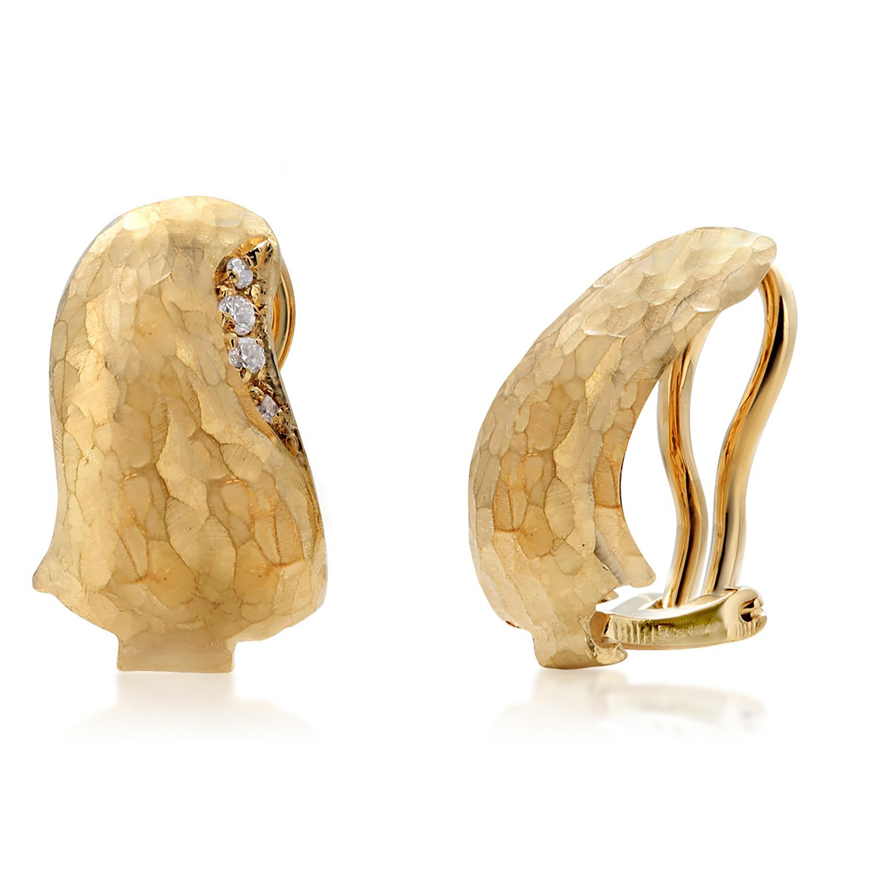 Round Cut Vintage H. Stern Eighteen Karat Yellow Gold Diamond Textured Clip 0n Earrings