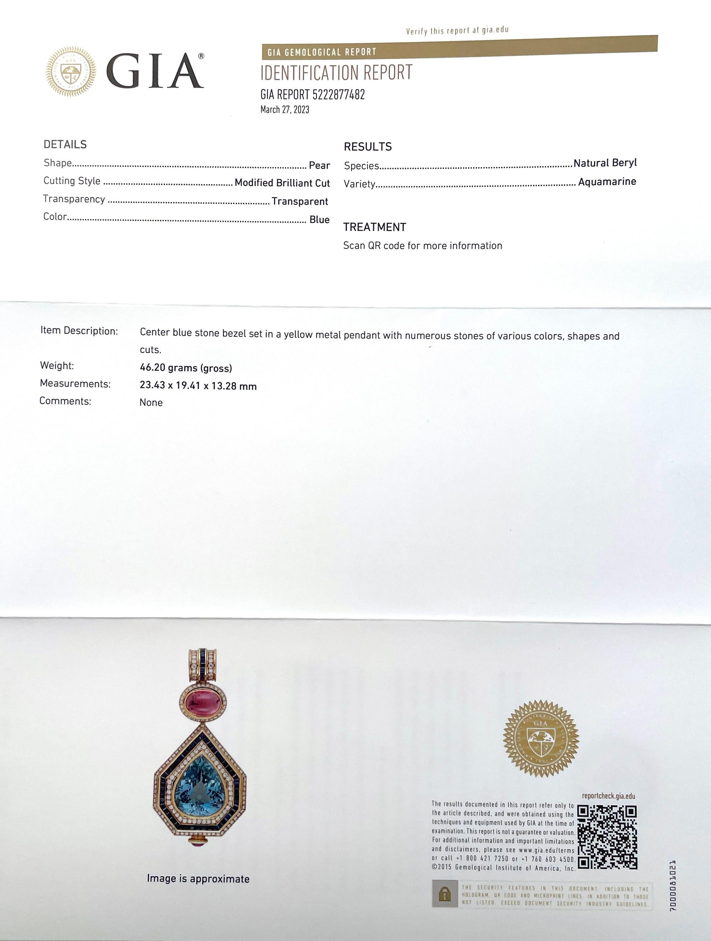 Großer Aquamarin-Anhänger von H. Stern, GIA-zertifiziert 18k Gelbgold Damen im Angebot