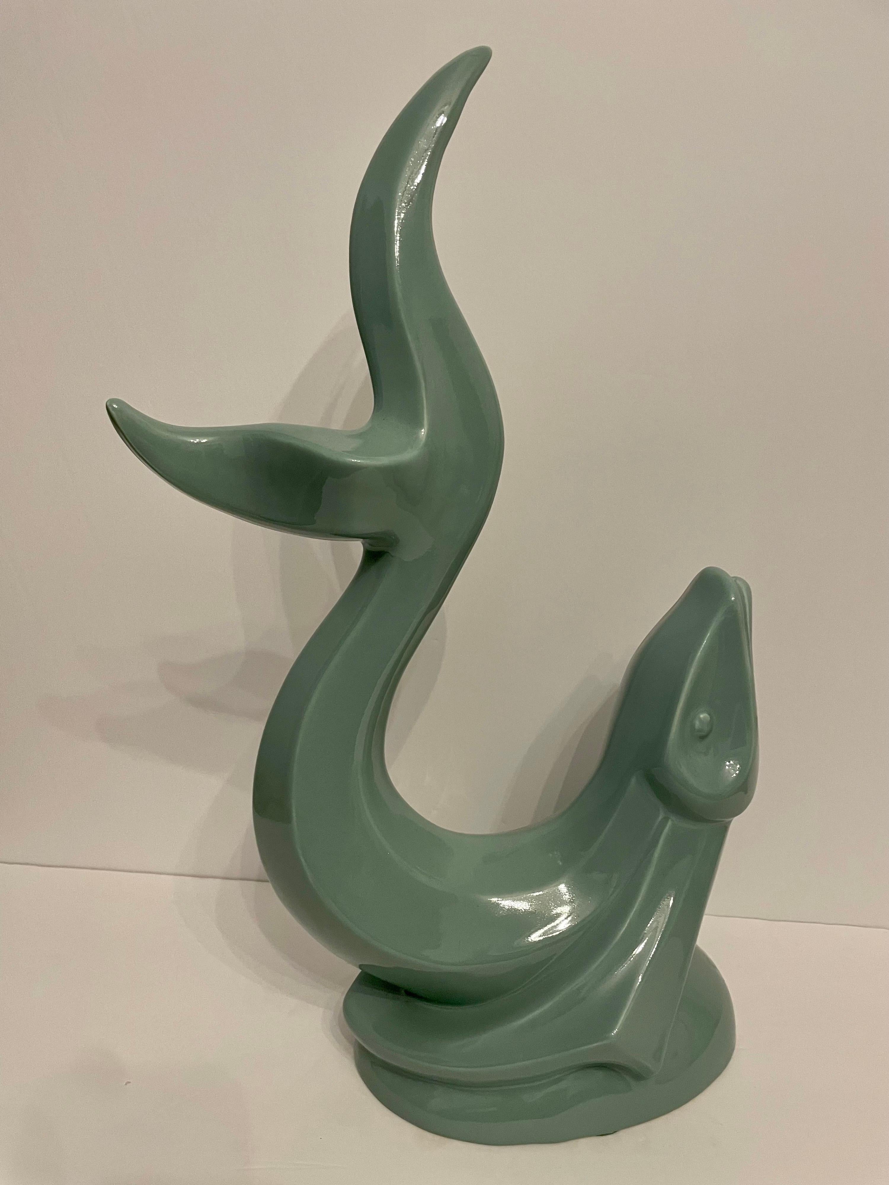 Vintage Haeger Aqua Green Ceramic Flying Fish Statue For Sale 3