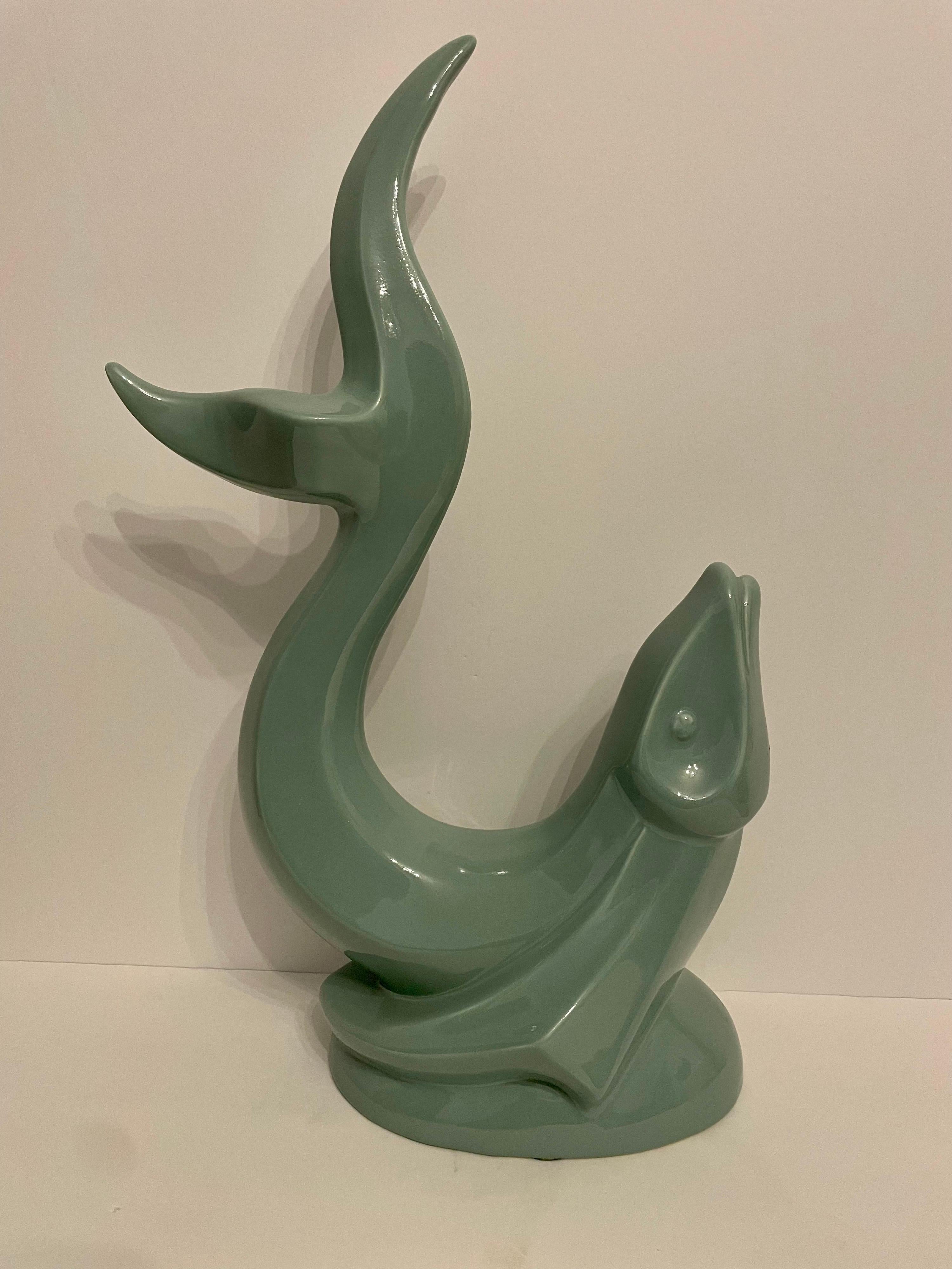 Hollywood Regency Vintage Haeger Aqua Green Ceramic Flying Fish Statue For Sale