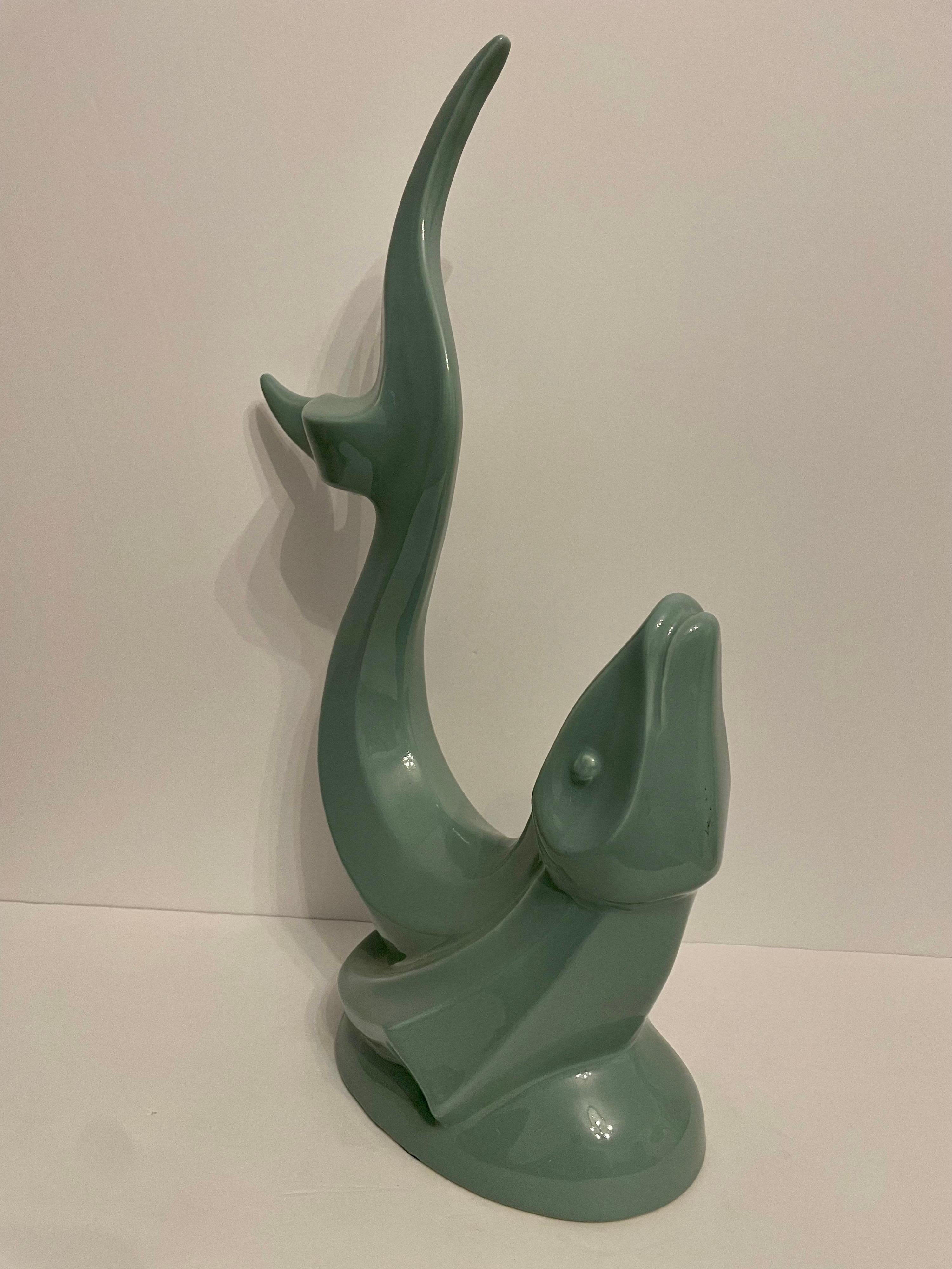 Glazed Vintage Haeger Aqua Green Ceramic Flying Fish Statue For Sale