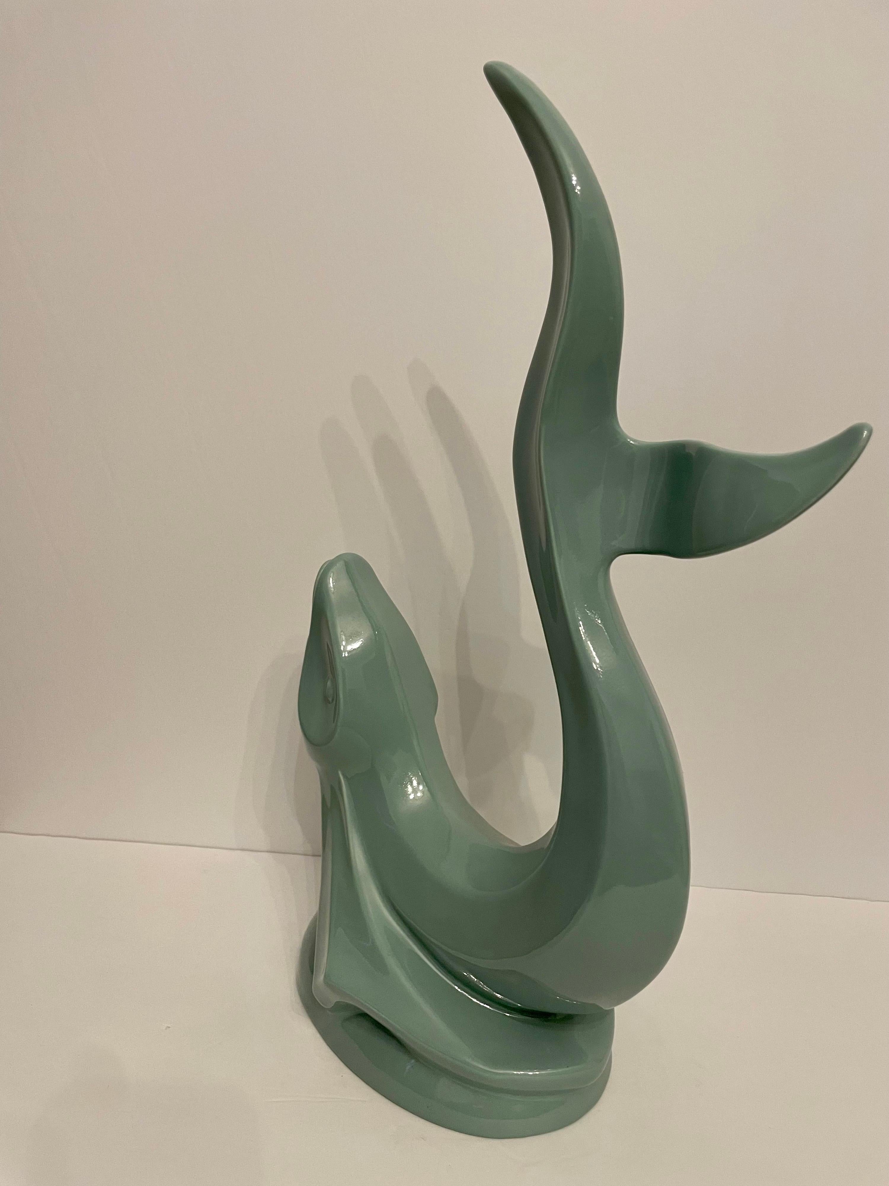 Vintage Haeger Aqua Green Ceramic Flying Fish Statue For Sale 1