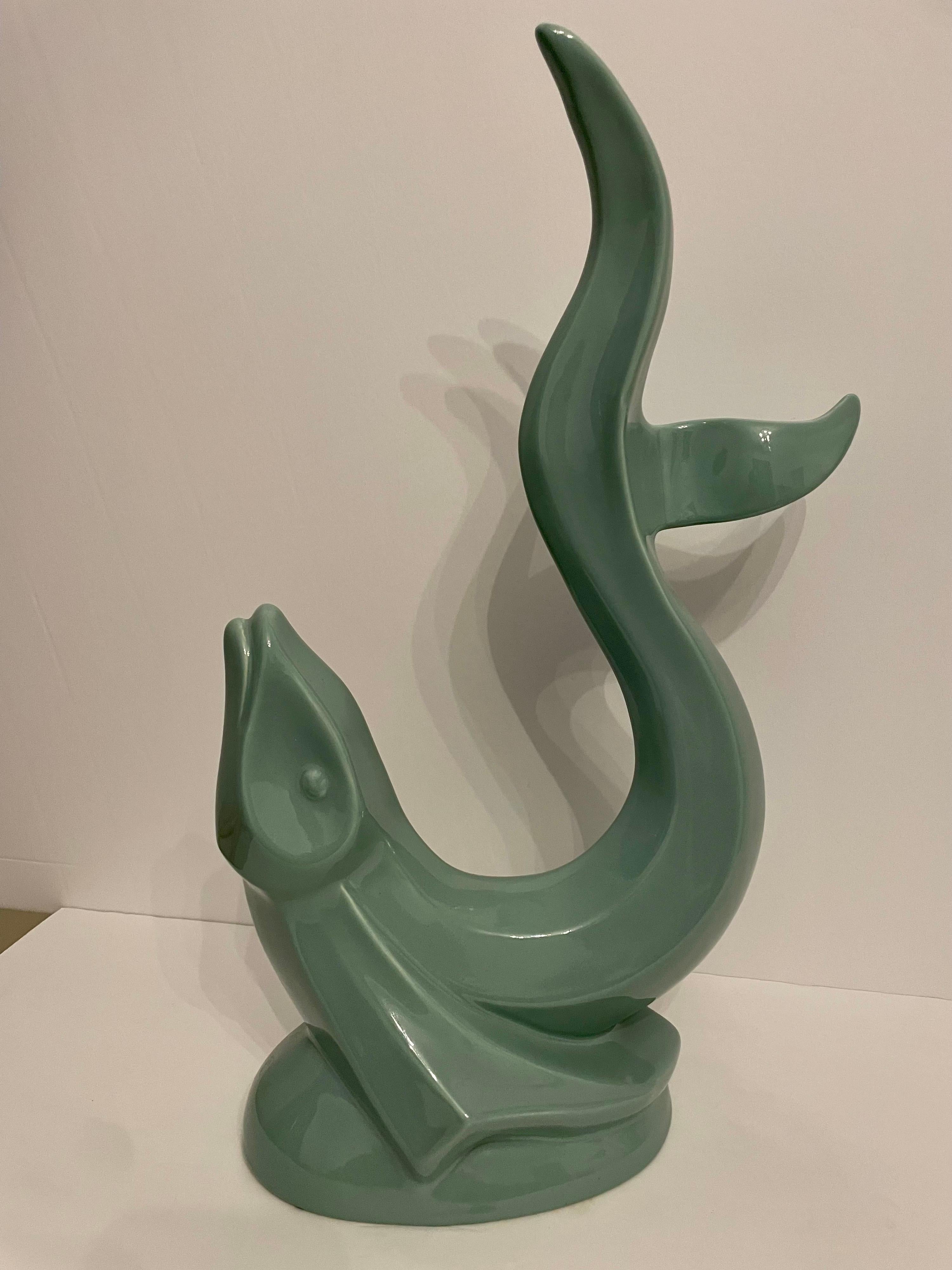 Vintage Haeger Aqua Green Ceramic Flying Fish Statue For Sale 2