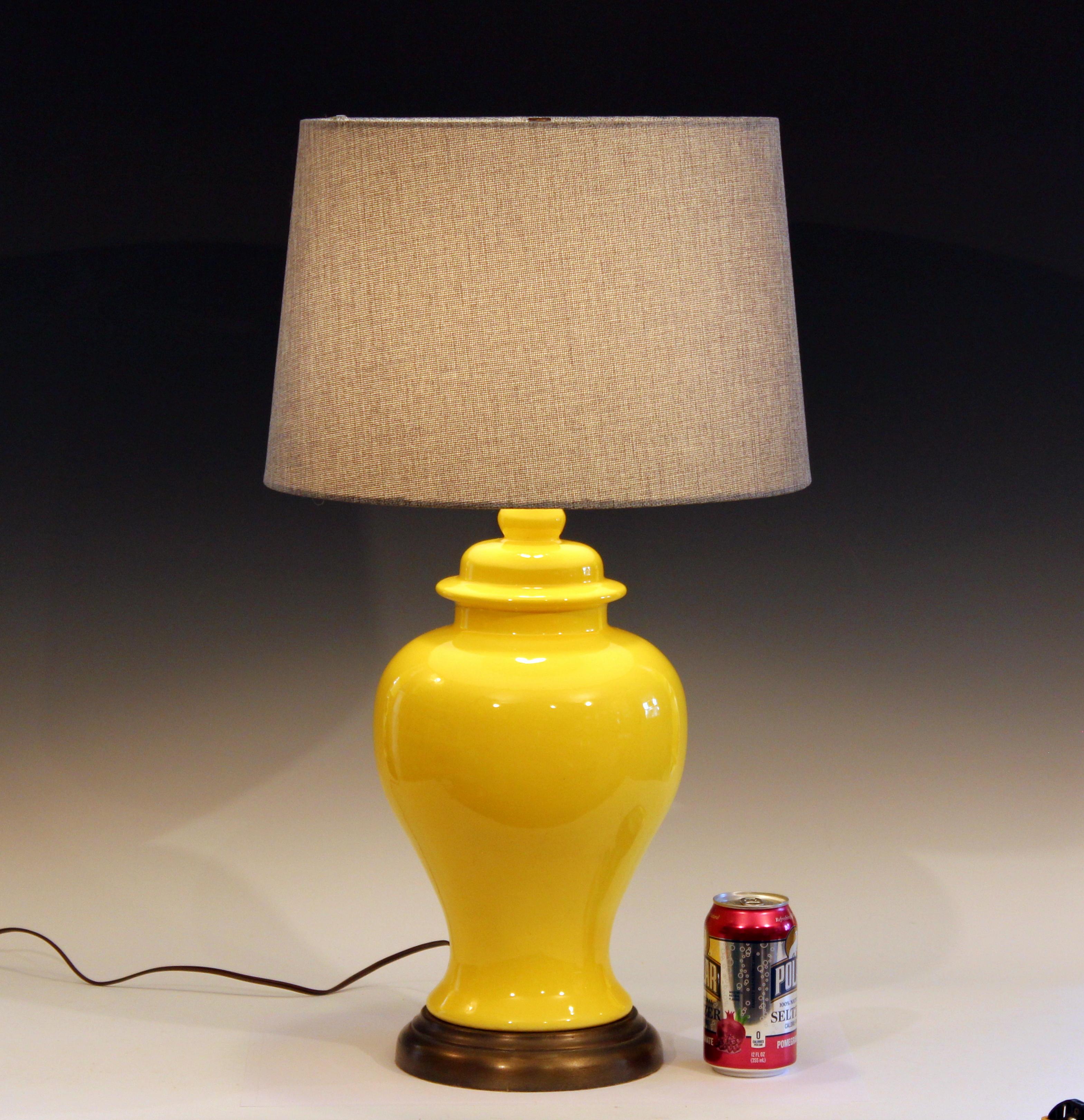 Large vintage Haeger pottery lamp in bright sunny yellow glaze, circa 1970s. Three-way switch. Measures: 26
