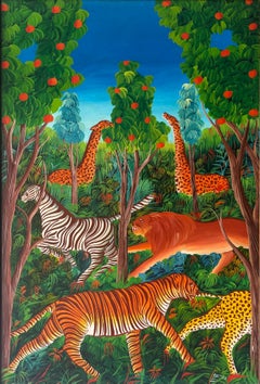Vintage Haitian Folk Art Jungle Painting by Monestime Astrel, Late 20th Century
