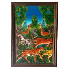 Vintage Haitian Folk Art Jungle Painting by Monestime Astrel, Late 20th Century