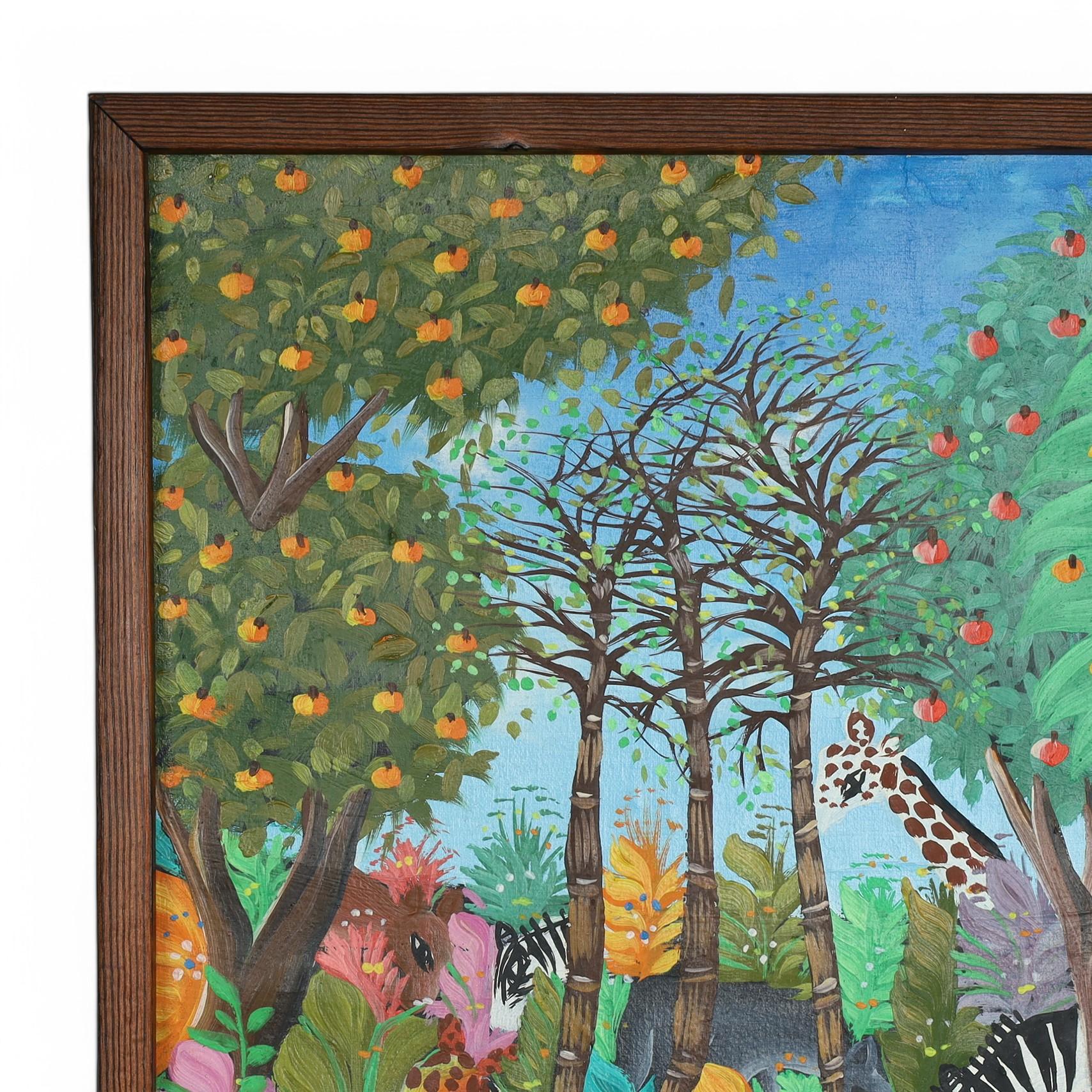Striking mid century Haitian acrylic painting on board of a jungle scene with animals, trees, flowers and fruit executed in a distinctive naive style, signed Michelet in the lower left and presented in a wood frame.  