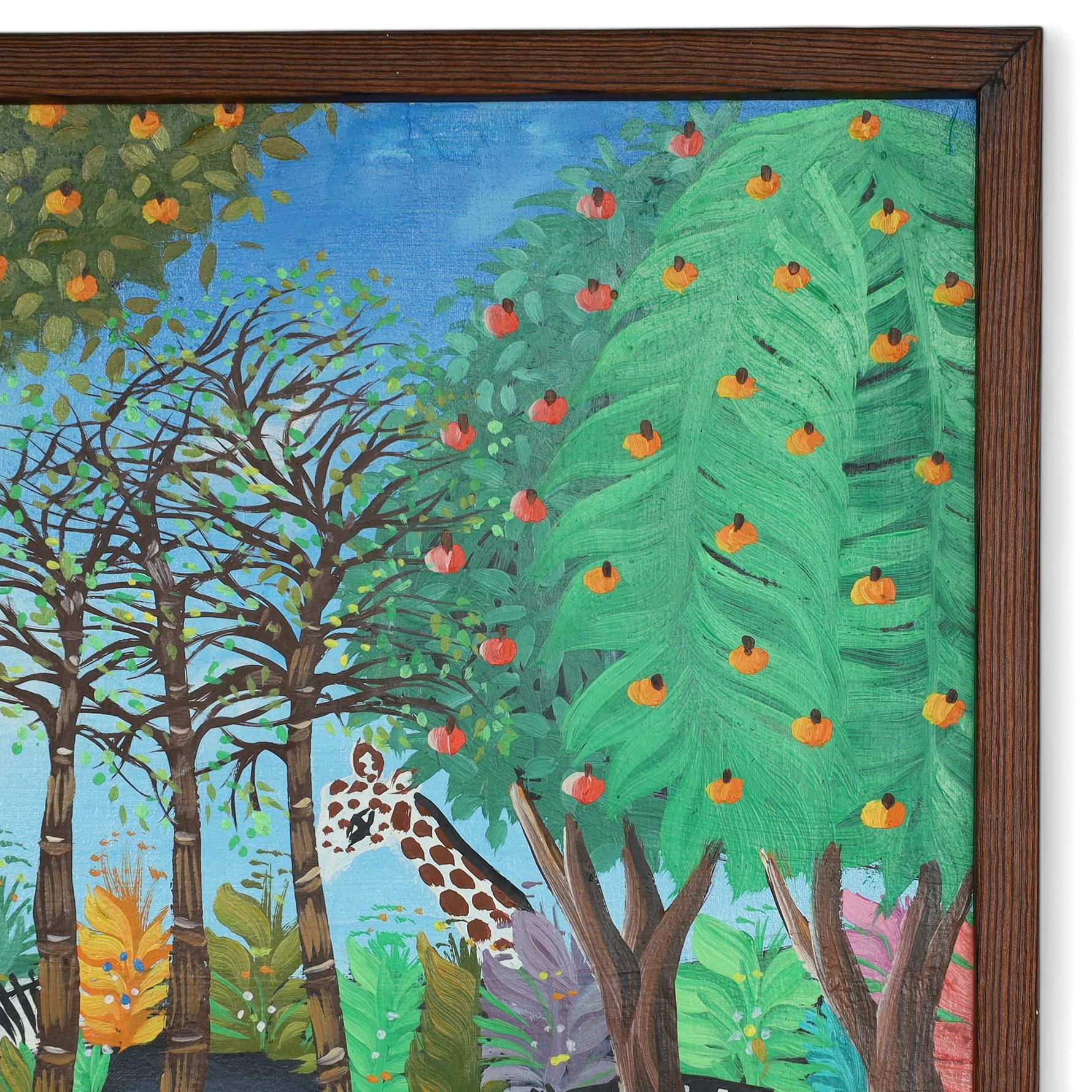 Mid-Century Modern Vintage Haitian Jungle Painting on Board by Michelet For Sale