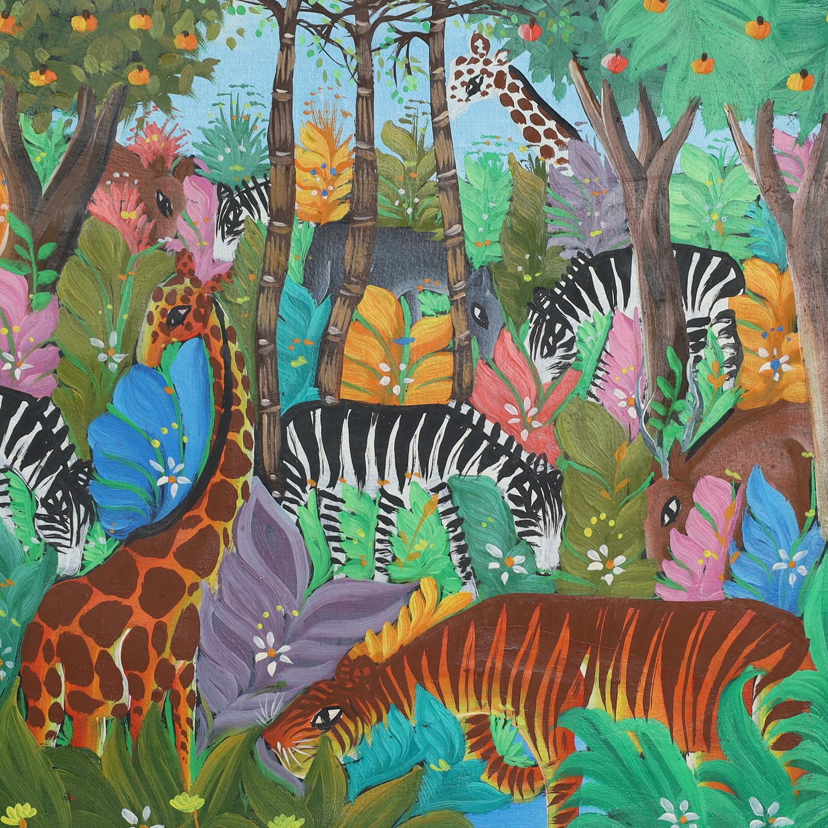 Vintage Haitian Jungle Painting on Board by Michelet In Good Condition For Sale In Palm Beach, FL