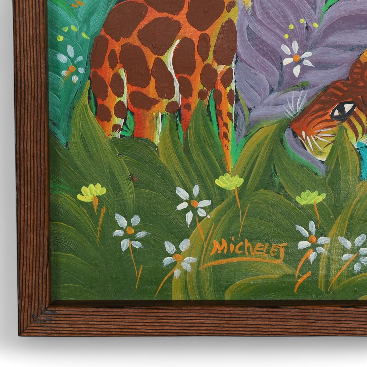 20th Century Vintage Haitian Jungle Painting on Board by Michelet For Sale