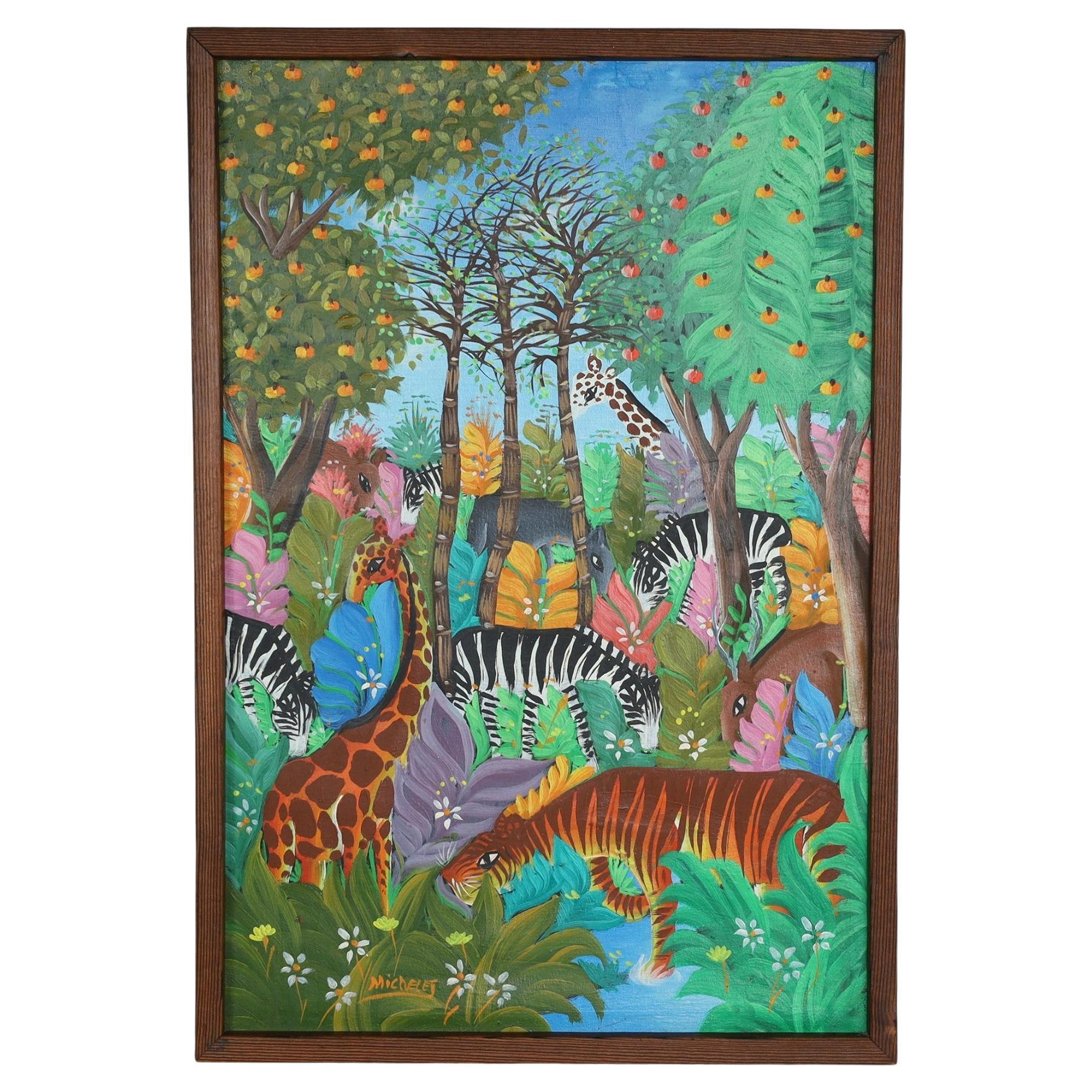 Pintura vintage de la selva haitiana sobre tabla de Michelet