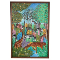 Pintura vintage de la selva haitiana sobre tabla de Michelet
